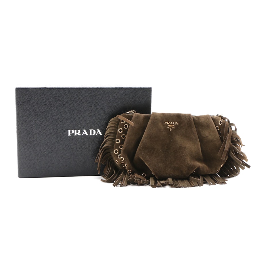 Prada Militare Suede Grommet and Fringe Clutch