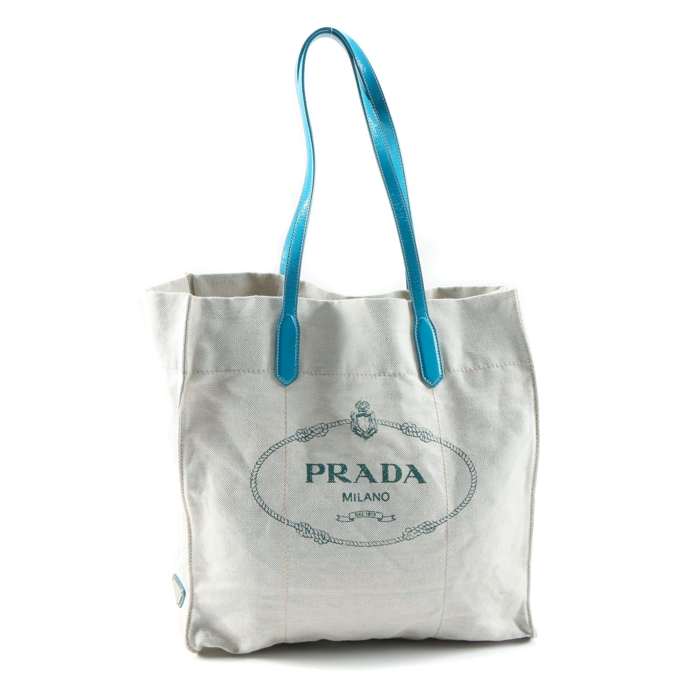 Prada Natural Canapa Canvas and Glazed Turquoise Leather Tote