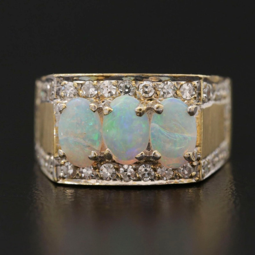 Vintage 18K Yellow Gold Opal and Diamond Ring