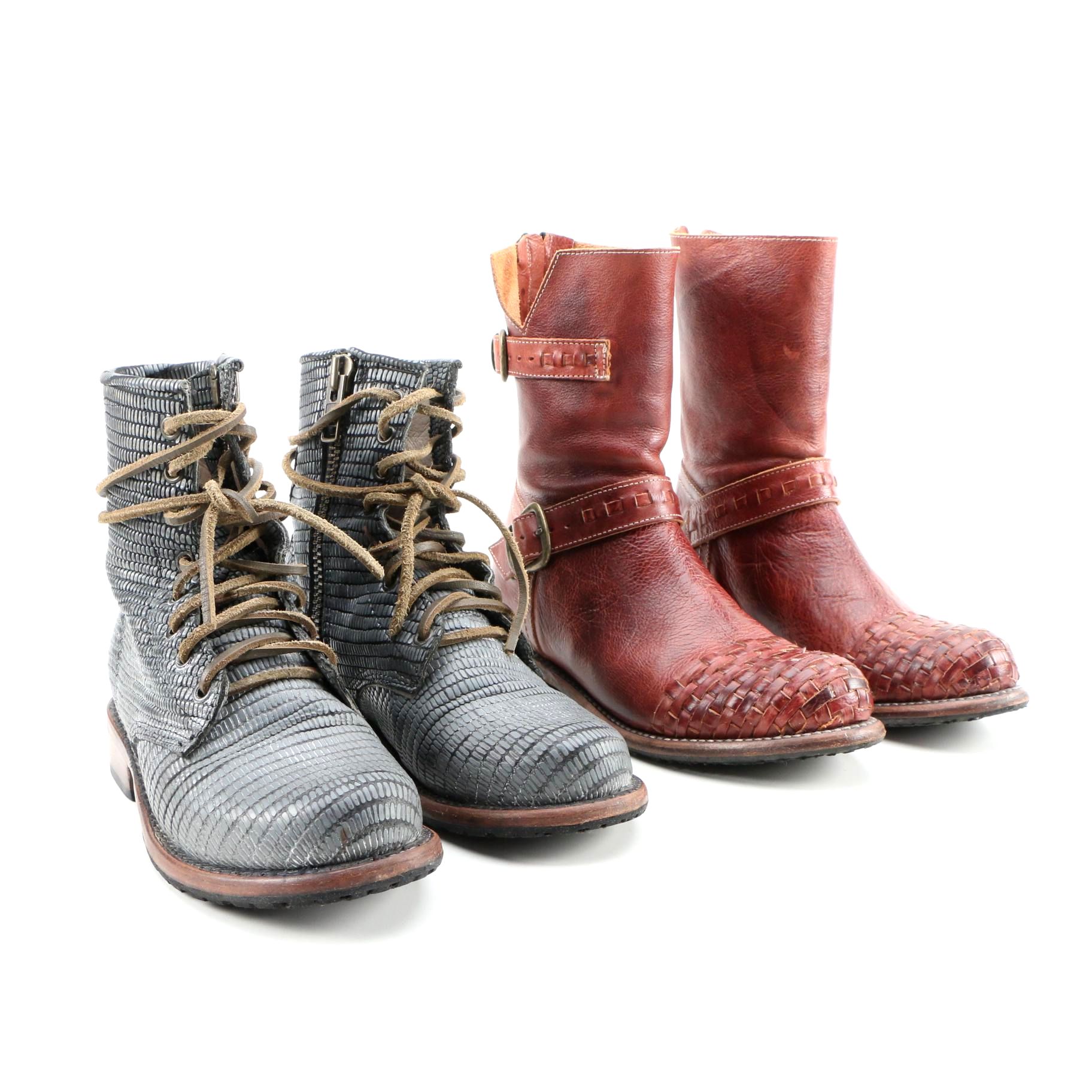 BED|STÜ and Freebird Basket Weave and Embossed Leather Boots