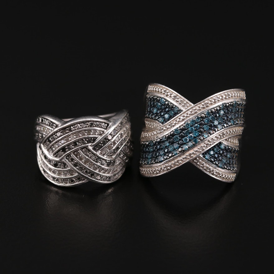 Sterling Silver Diamond Rings Featuring Woven Motif and Blue Diamonds