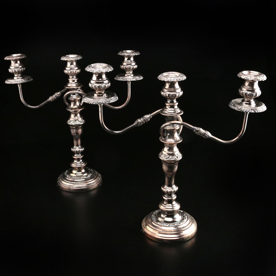 Silver Plate Candlesticks with Convertible Candelabra Arms and Bobeches