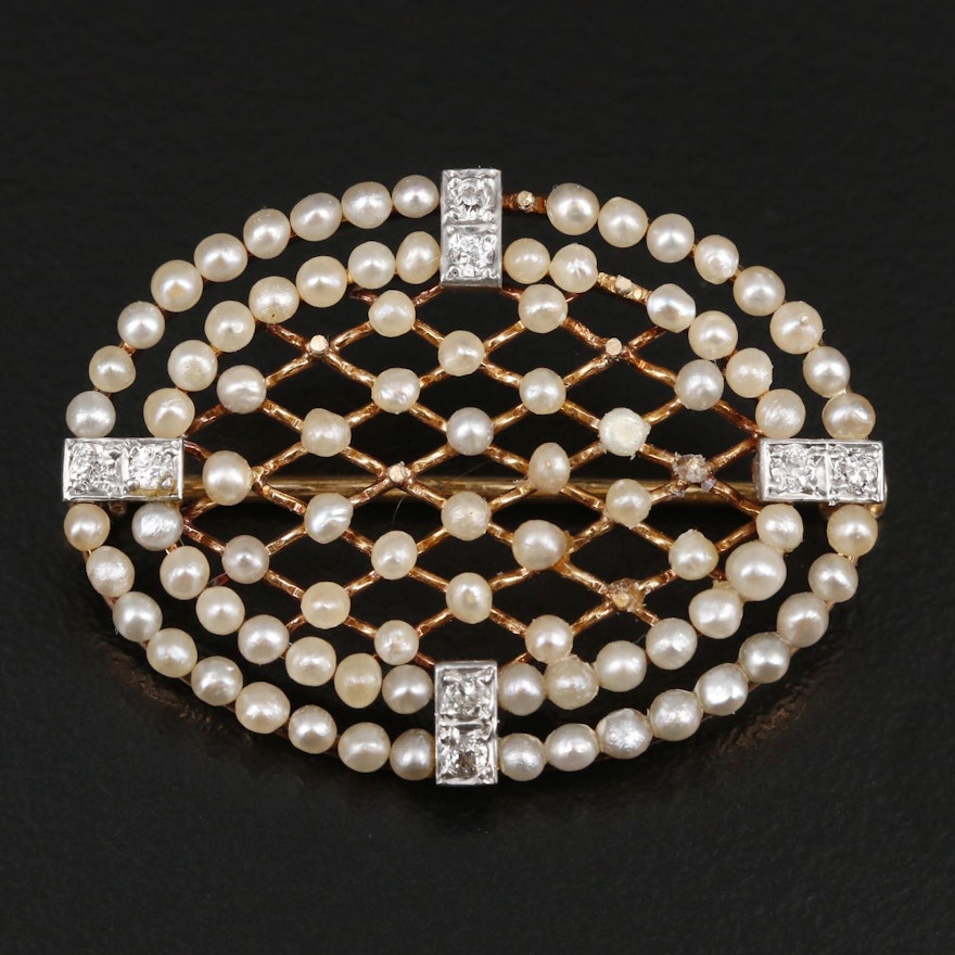 Circa 1910 Platinum and 14K Yellow Gold Diamond and Seed Pearl Brooch