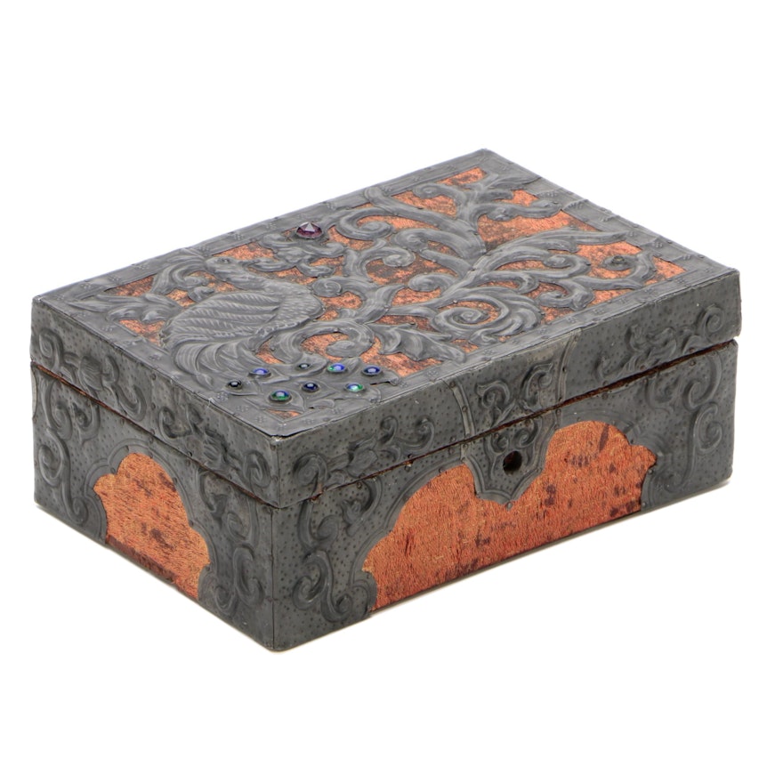 Indo-Persian Style Tooled Metal Over Silk Lock Box with Glass Accents