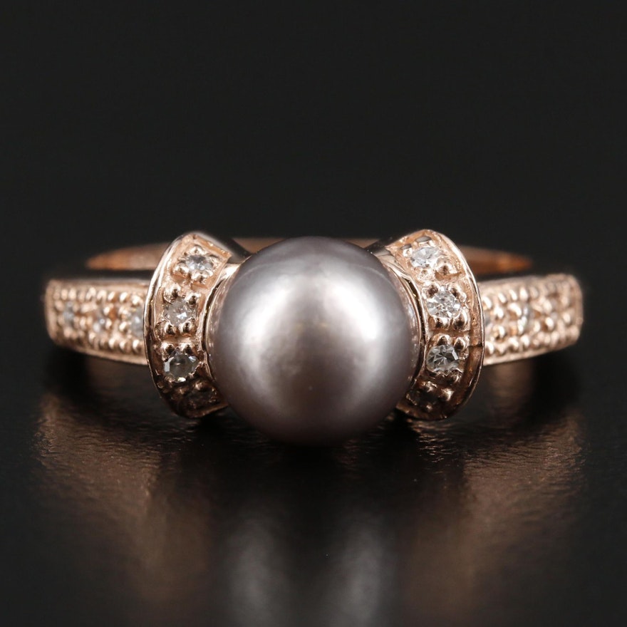 14K Rose Gold Pearl Ring with Diamond Accented Shoulders