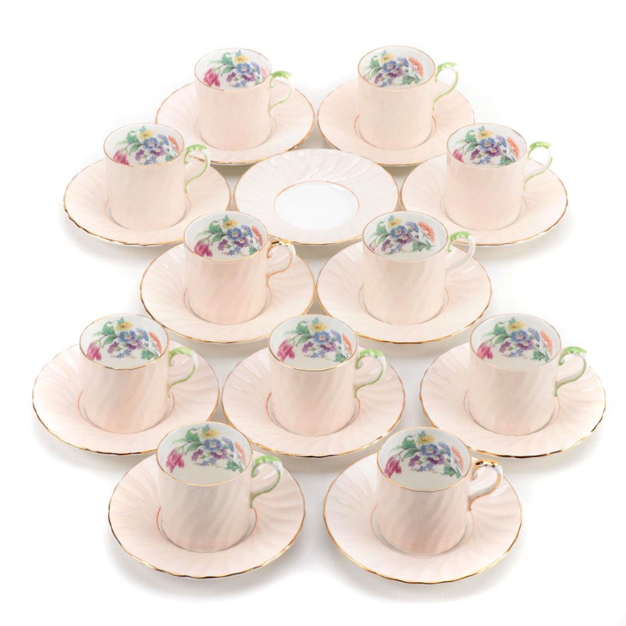 Aynsley Bone China Teacups and Saucers with Floral Motif, Mid-Century