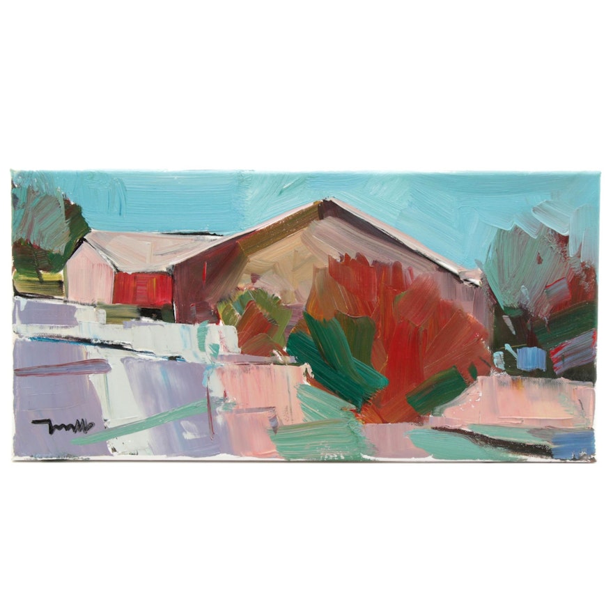 Jose Trujillo Landscape Oil Painting "Big Red Barn House," 2019