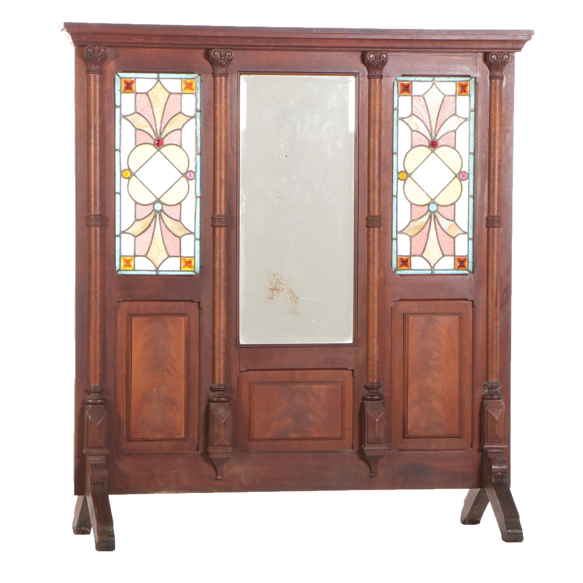 Victorian Mirrored and Stained Glass Walnut Room Divider, Late 19th Century