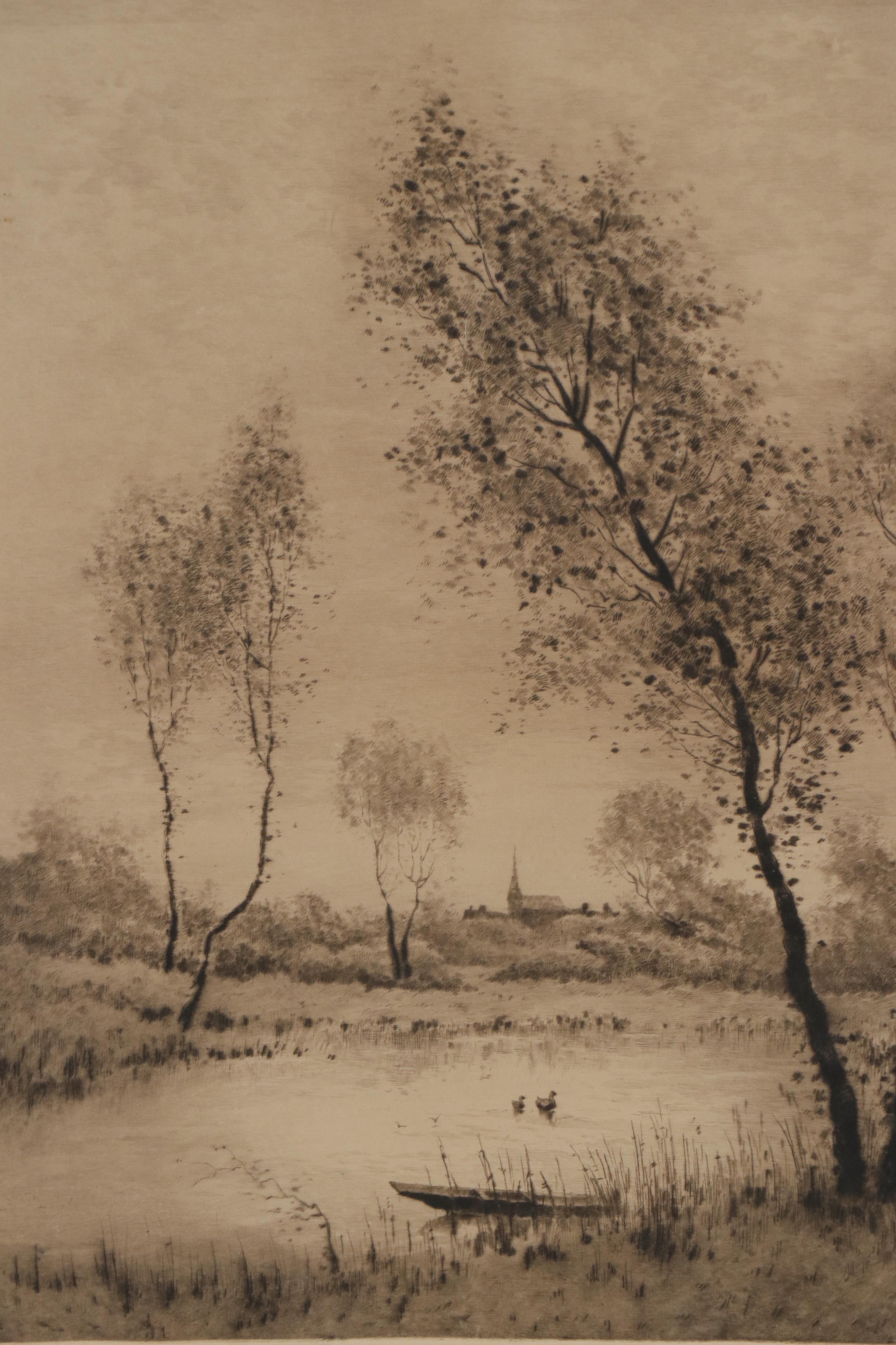Camille Fonce Etching of Waterscape, Early 20th Century
