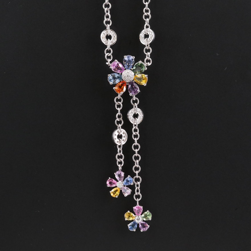 18K White Gold Sapphire and 0.72 CTW Diamond Necklace Featuring Floral Motif