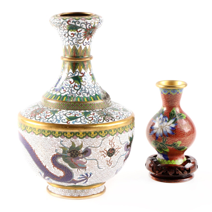 Chinese Cloisonné Dragon and Lotus Motif Vases, 20th Century