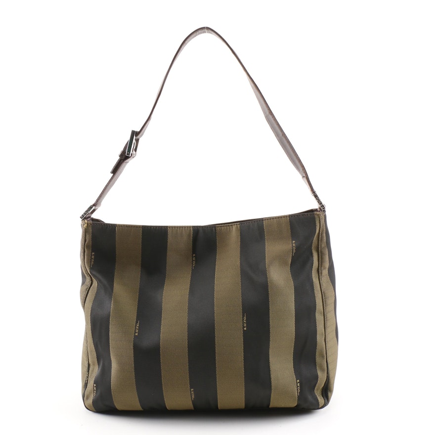 Fendi Pequin Stripe Canvas and Leather Shoulder Bag