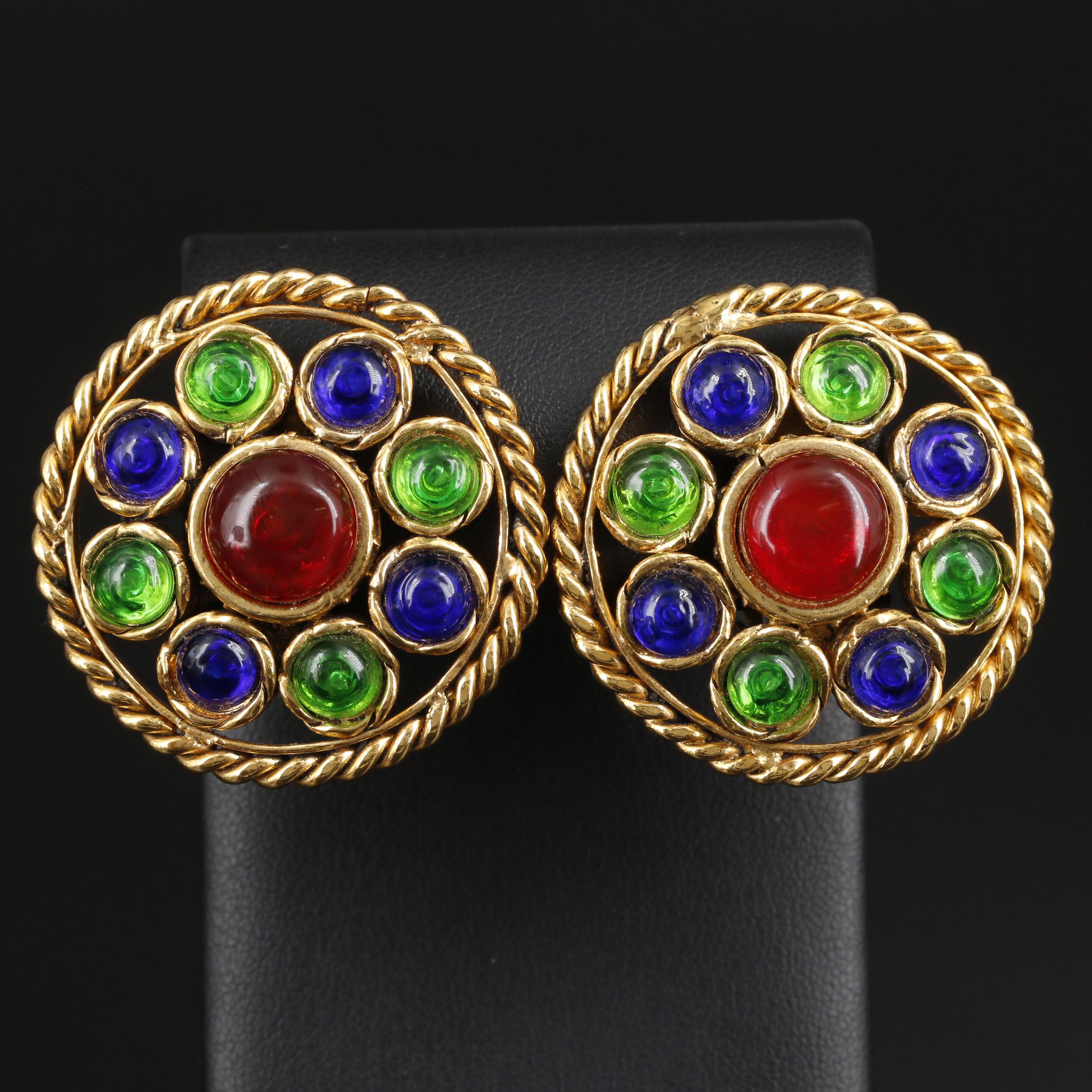 Circa 1984 Chanel Renaissance Style "Gripoix" Glass Earrings