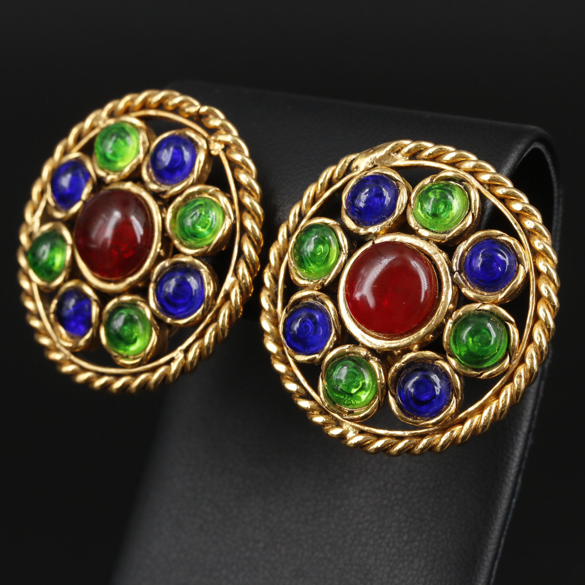 Circa 1984 Chanel Renaissance Style "Gripoix" Glass Earrings