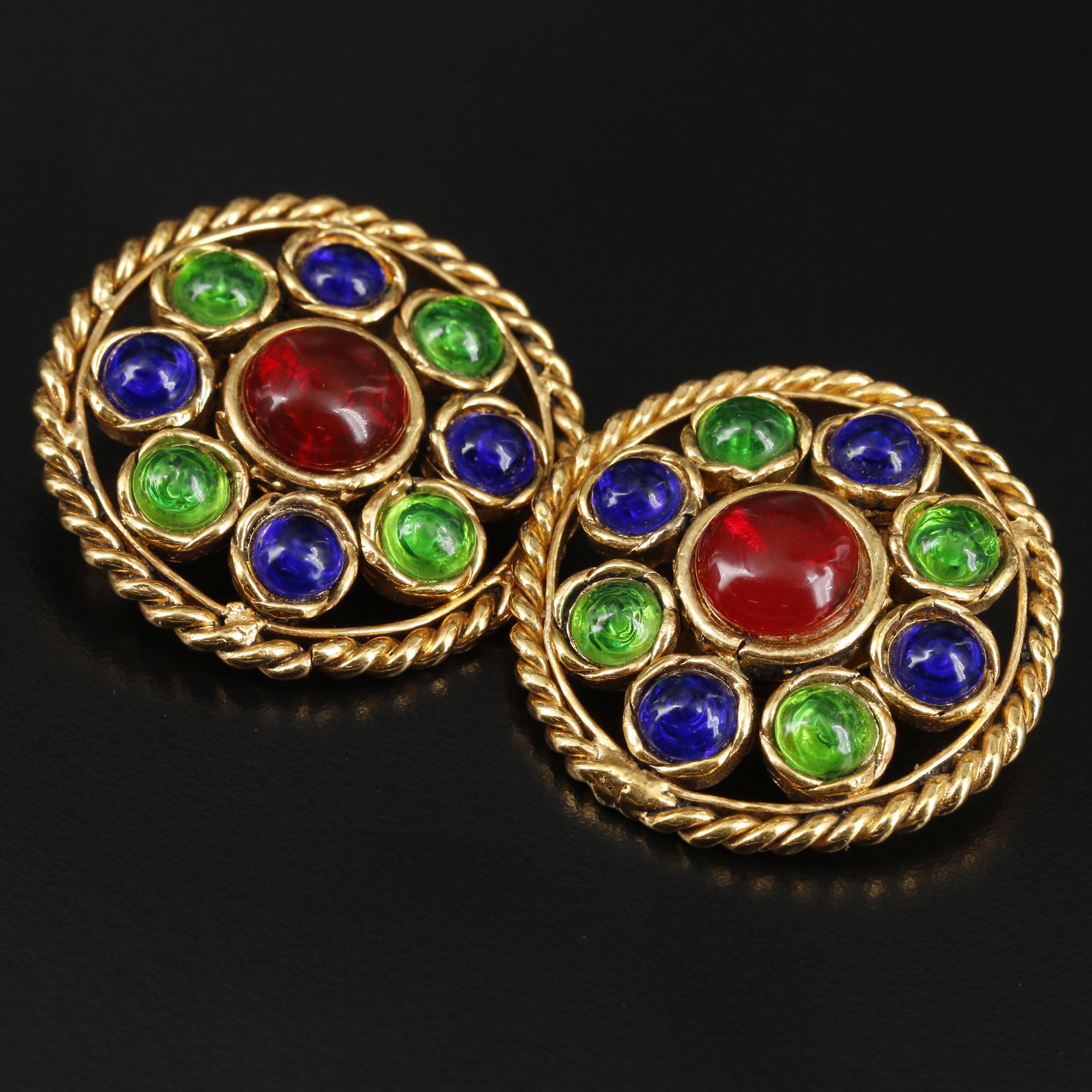 Circa 1984 Chanel Renaissance Style "Gripoix" Glass Earrings