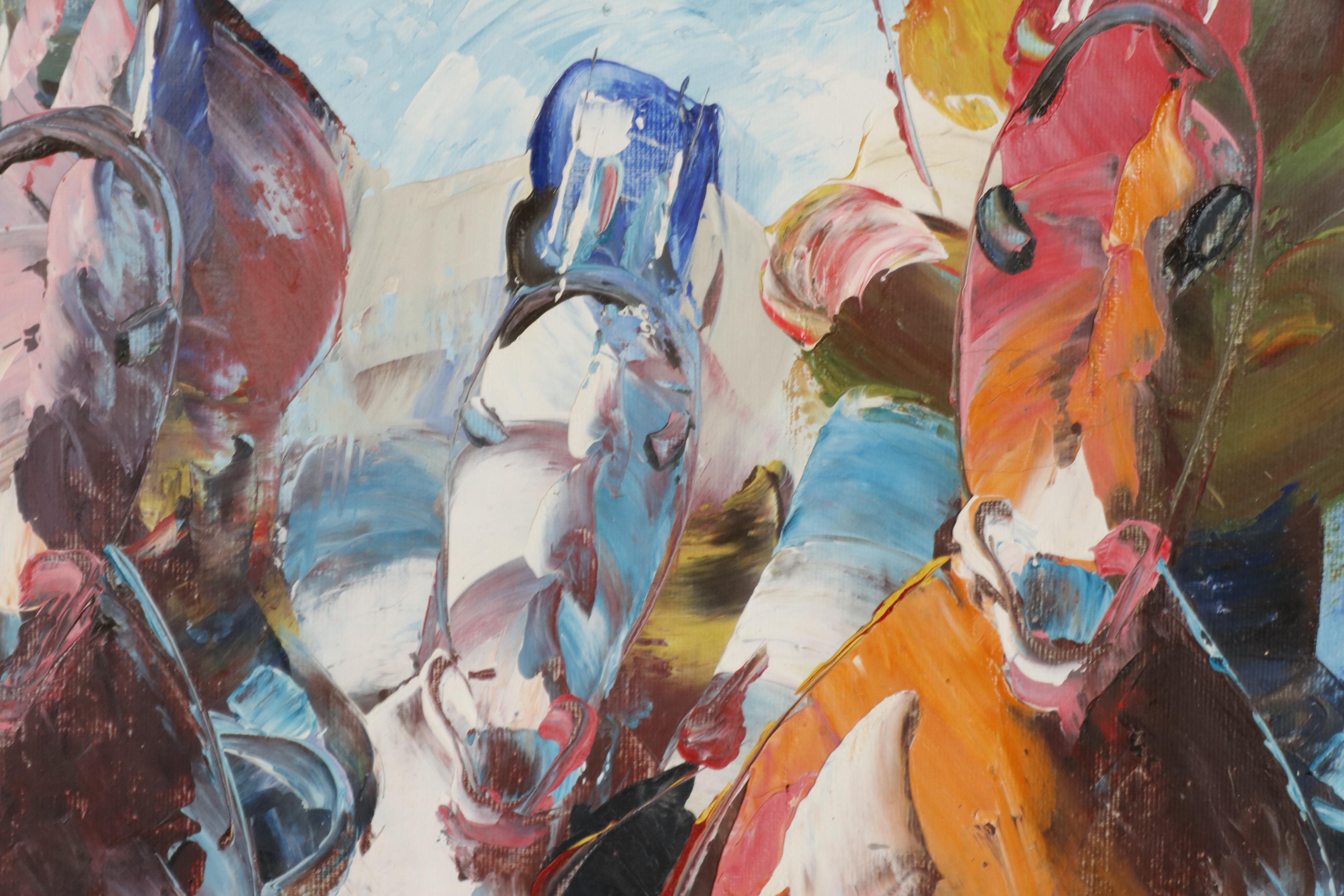 Tom Signed Equine Racing-Themed Oil Painting on Canvas