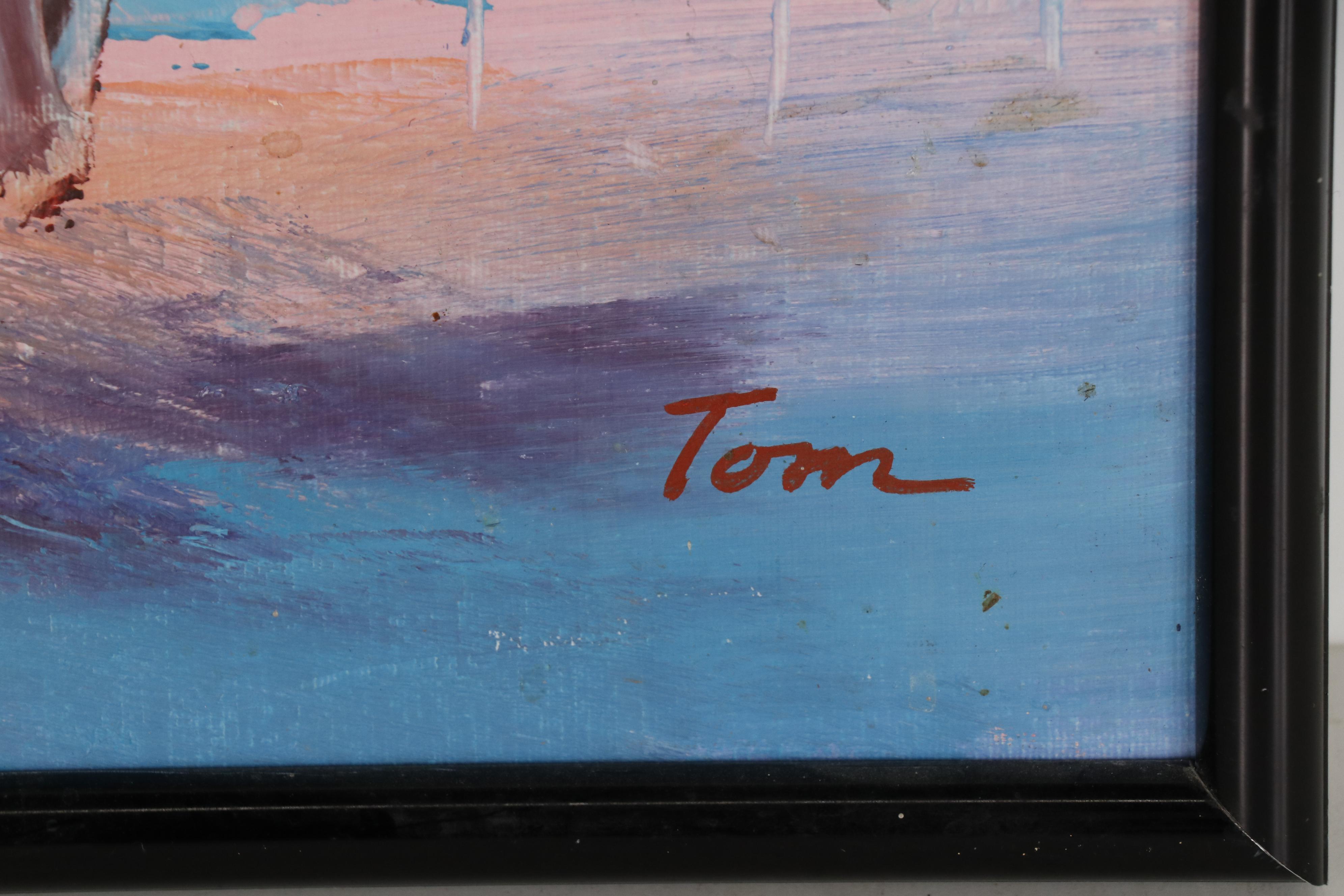 Tom Signed Equine Racing-Themed Oil Painting on Canvas