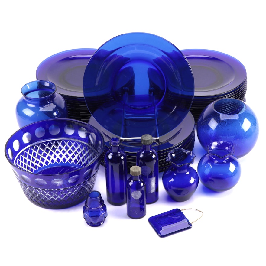 Cobalt Blue Glass Dinner Plates, Vases, Bottles, and Other Décor