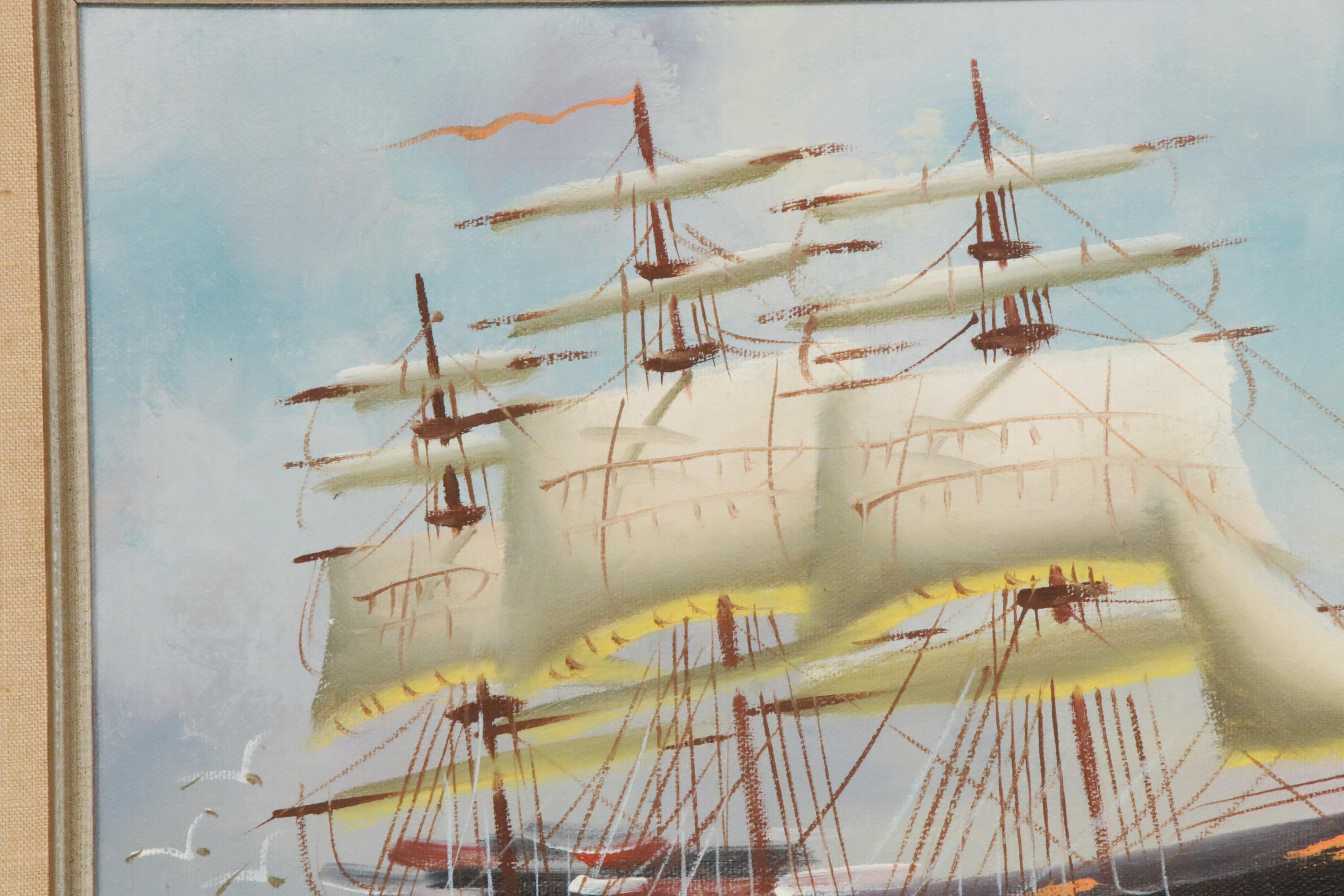 Clipper Ship at Sea Oil Painting, Mid to Late 20th Century