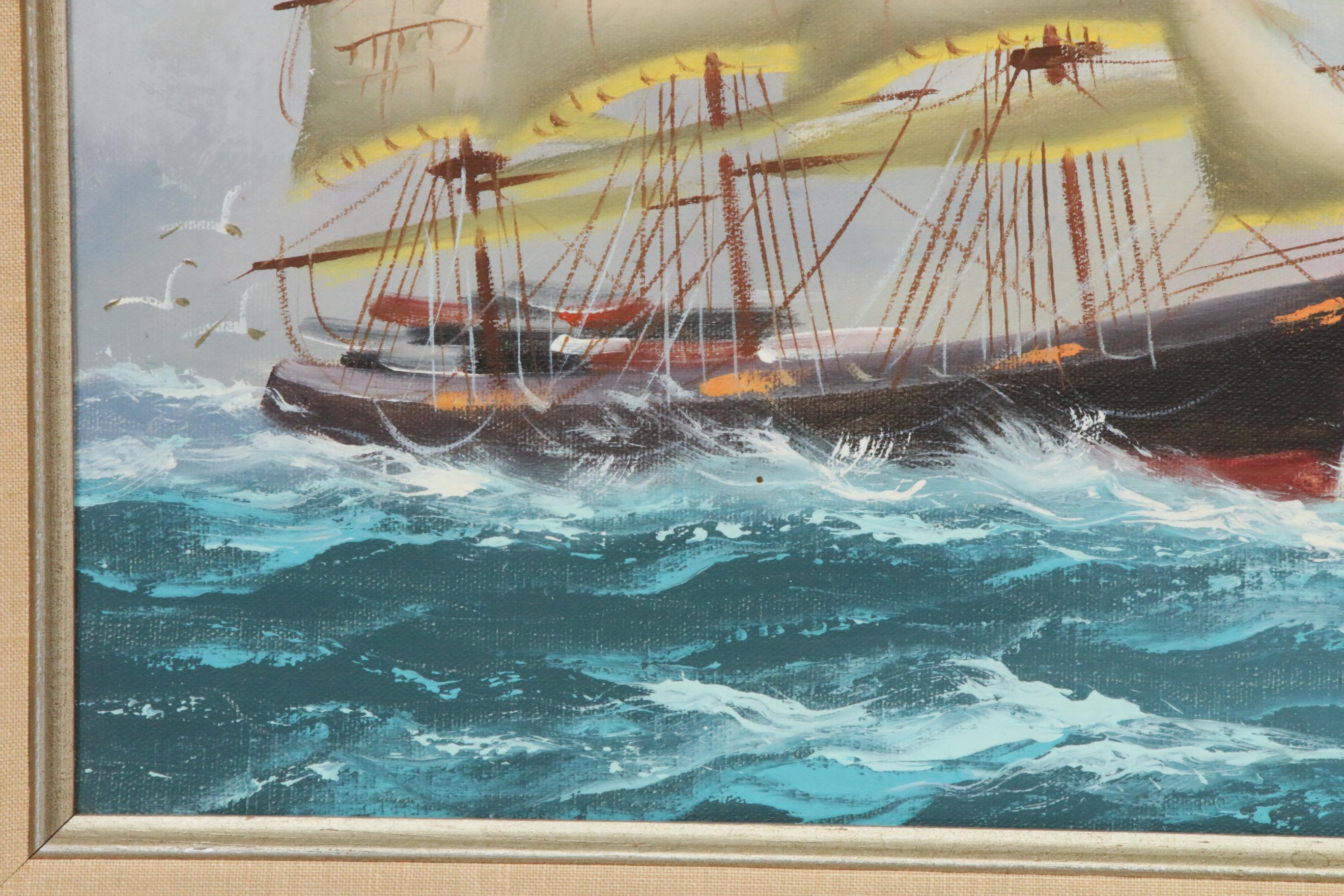 Clipper Ship at Sea Oil Painting, Mid to Late 20th Century