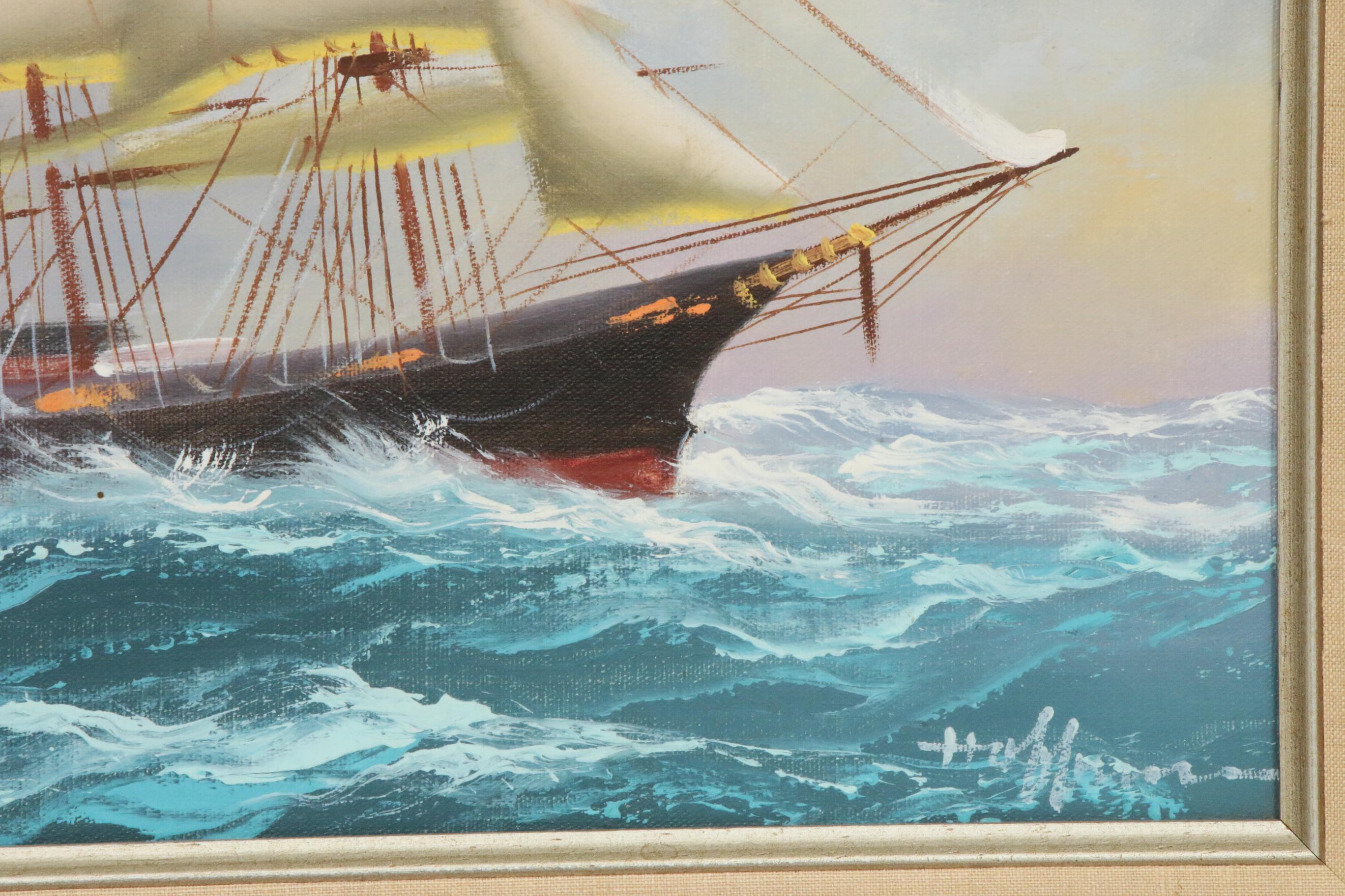Clipper Ship at Sea Oil Painting, Mid to Late 20th Century