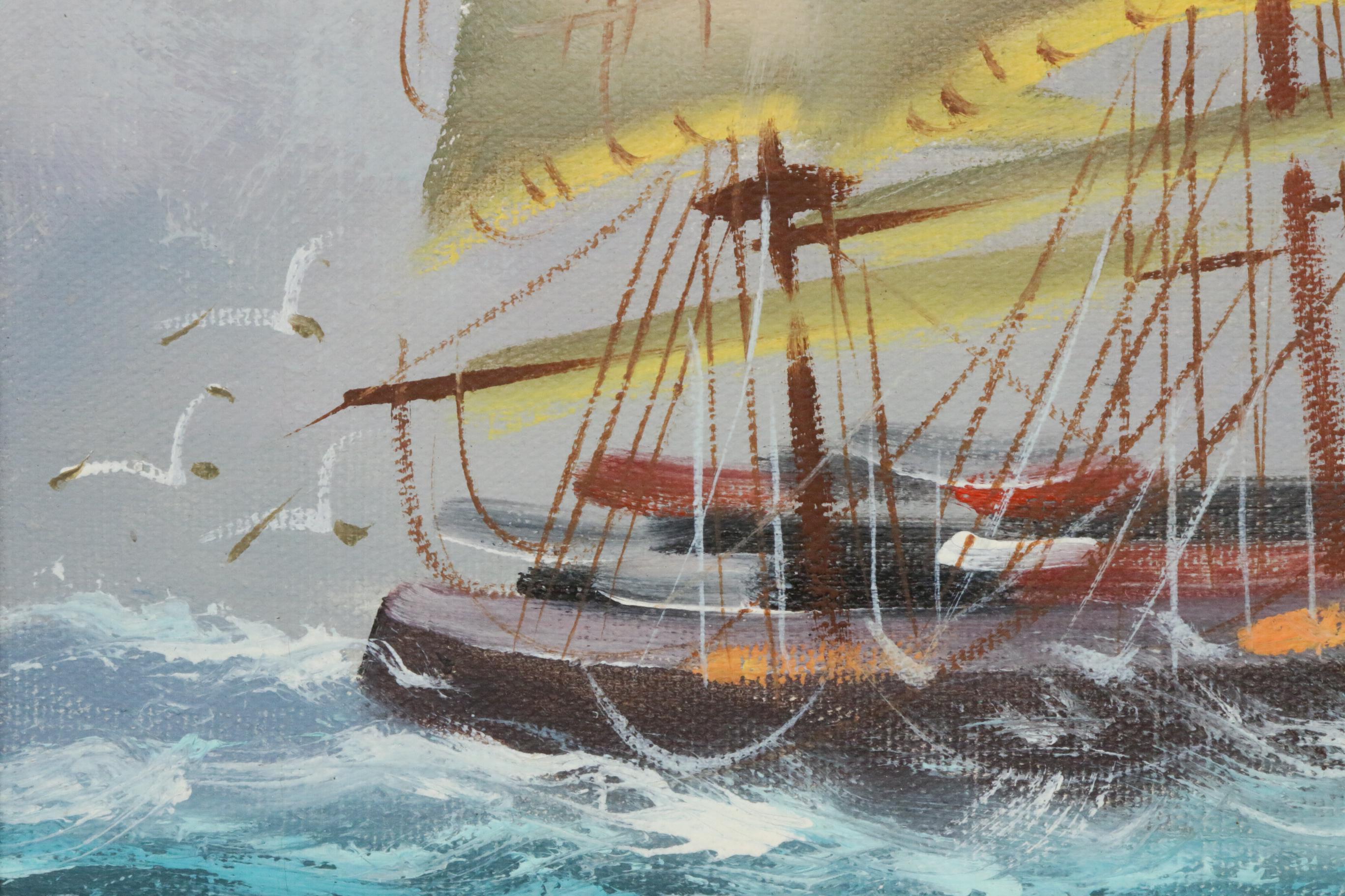 Clipper Ship at Sea Oil Painting, Mid to Late 20th Century