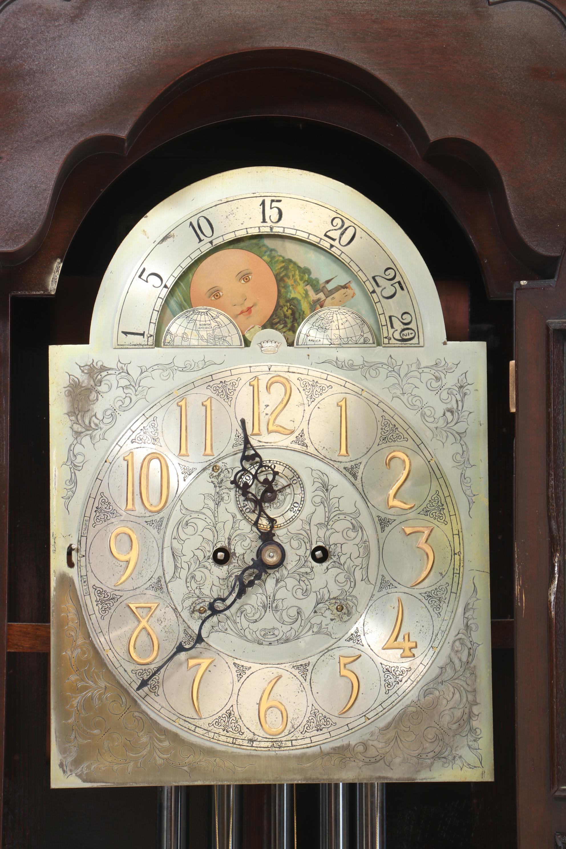Herschede Mahogany Grandfather Clock with Moon Phase, Circa 1919