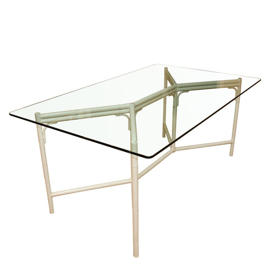 Glass Dining Table with White Metal Bamboo Style Base