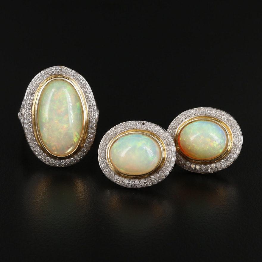 14K Yellow Gold Opal and 1.54 CTW Diamond Ring and Earrings Set