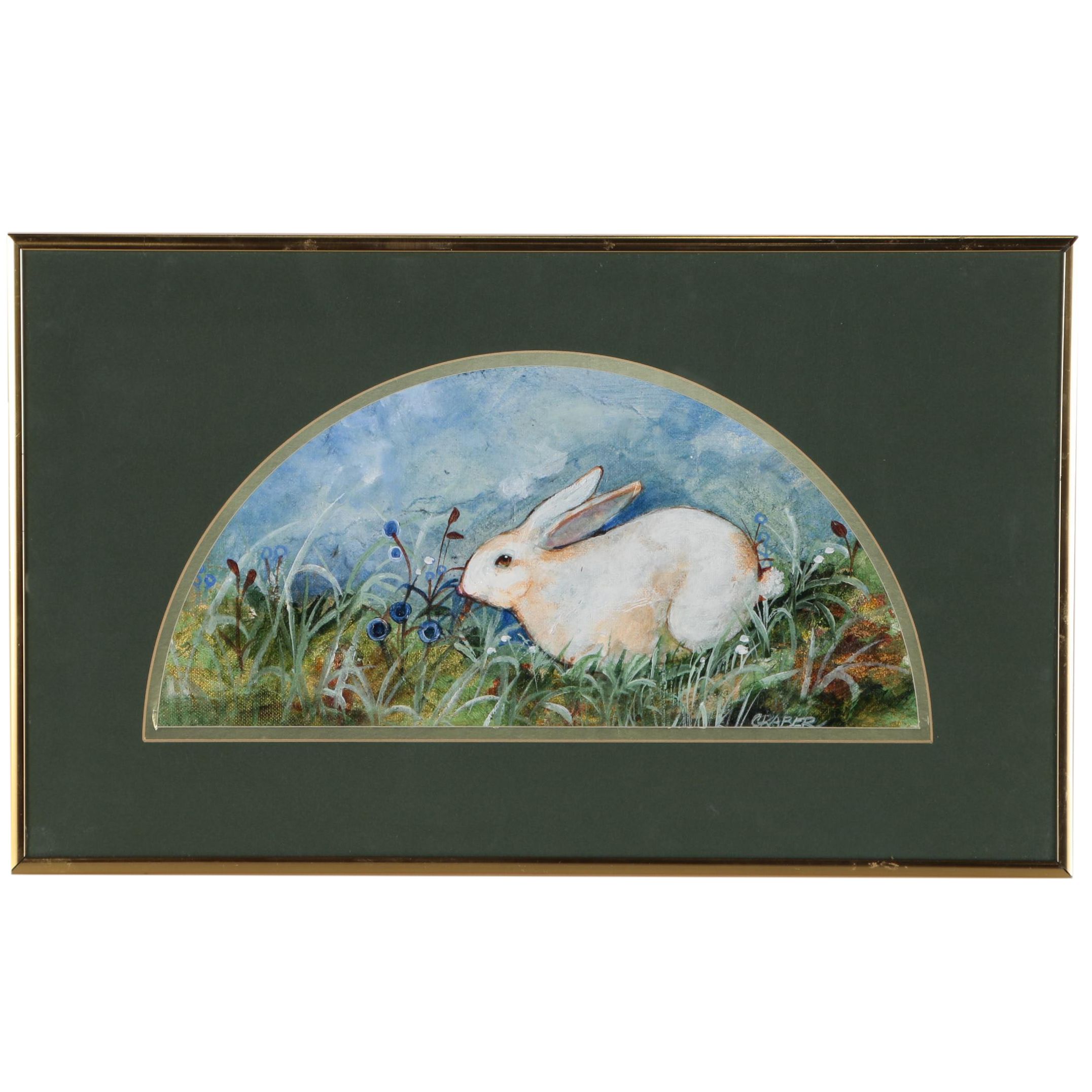 Joan Graber Folk Style Oil Painting of White Rabbit