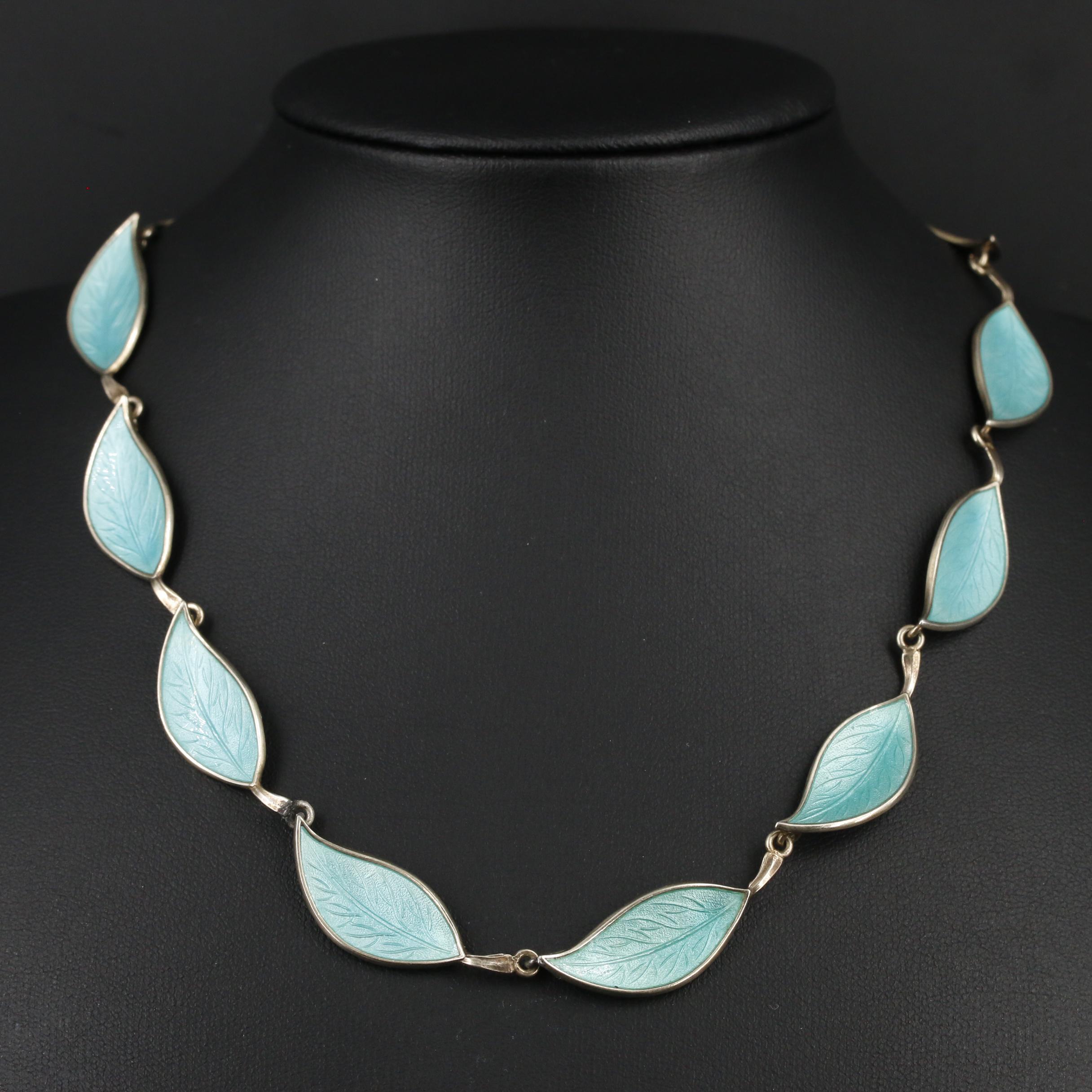 Bjerring Brothers Vintage Danish Sterling Guilloché Enamel Leaf Necklace