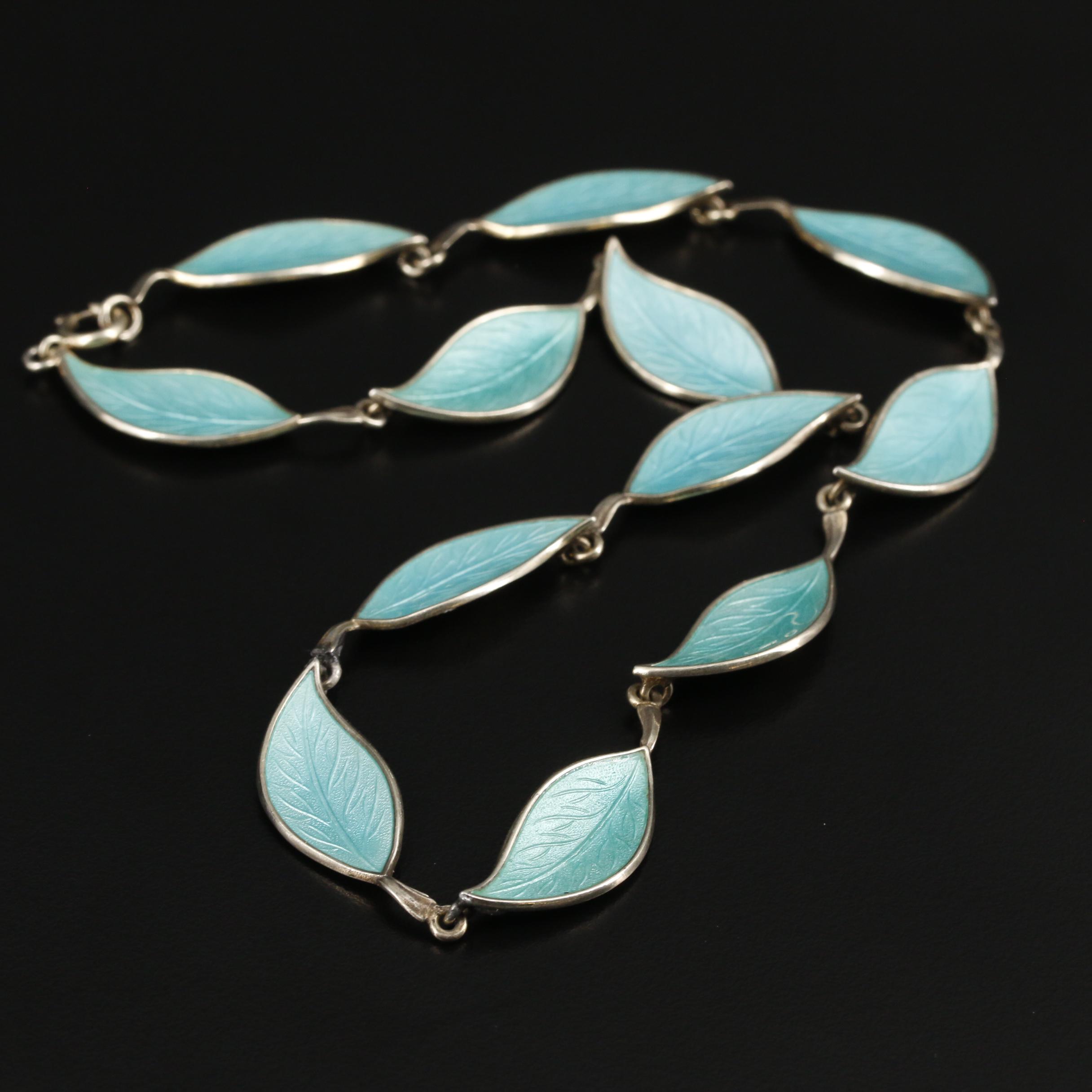 Bjerring Brothers Vintage Danish Sterling Guilloché Enamel Leaf Necklace