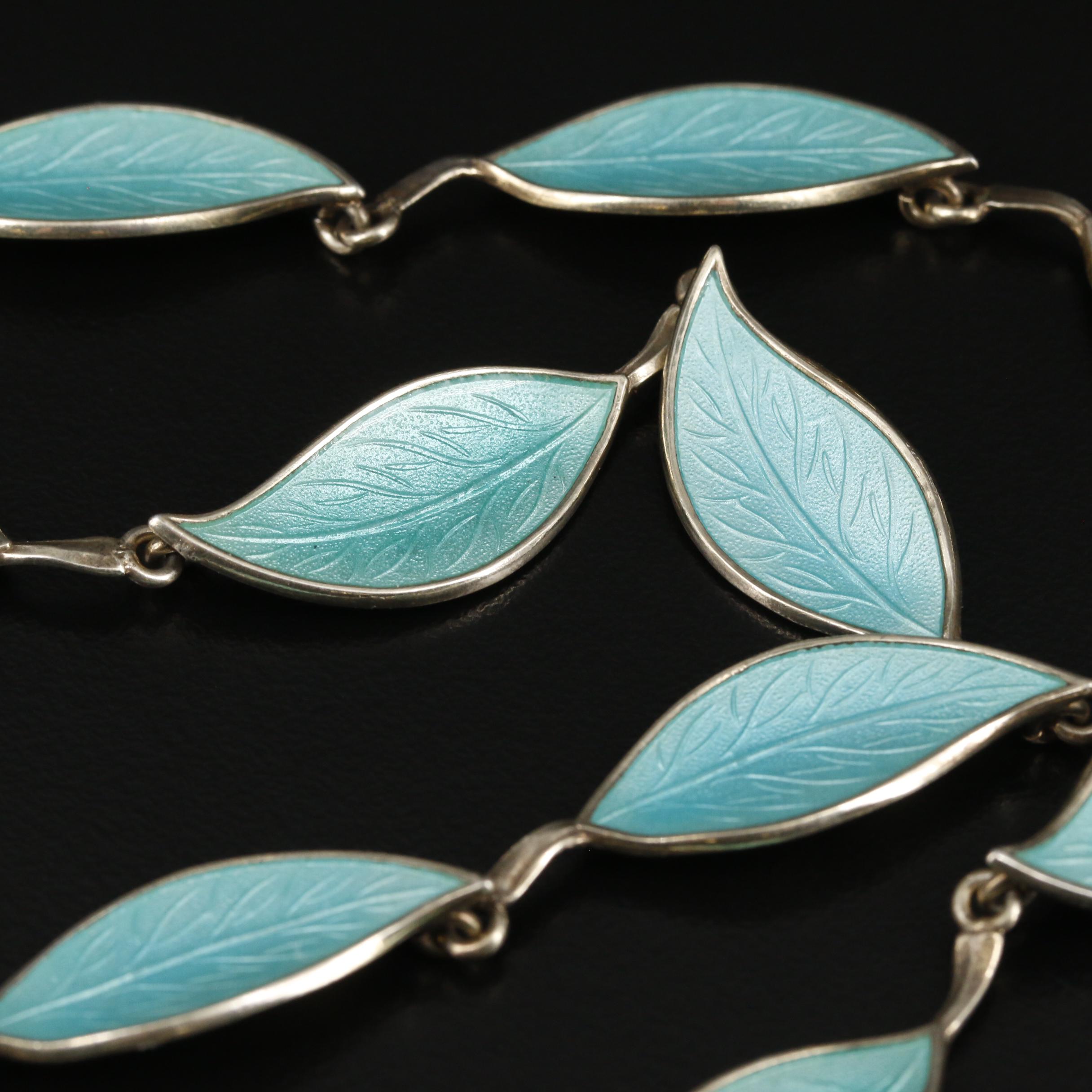 Bjerring Brothers Vintage Danish Sterling Guilloché Enamel Leaf Necklace
