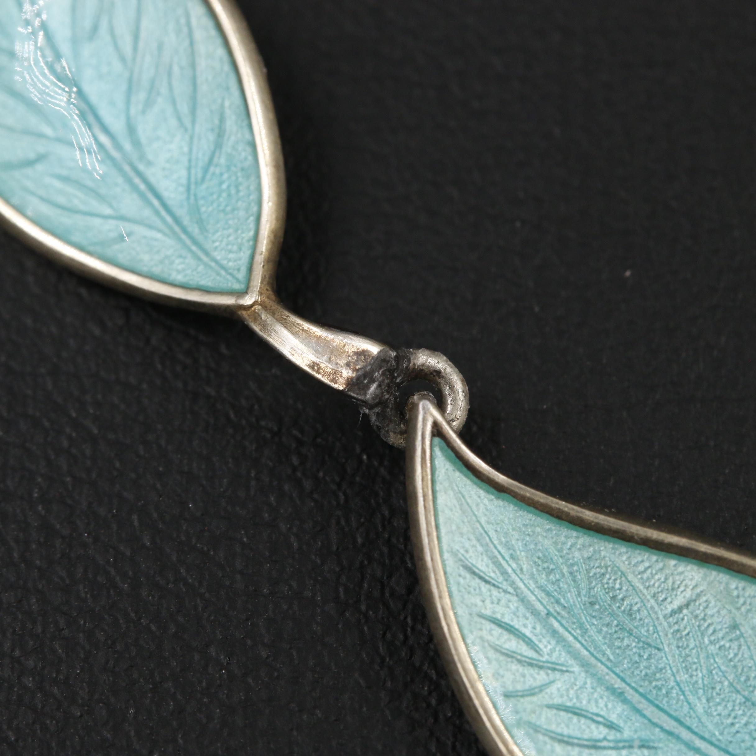 Bjerring Brothers Vintage Danish Sterling Guilloché Enamel Leaf Necklace