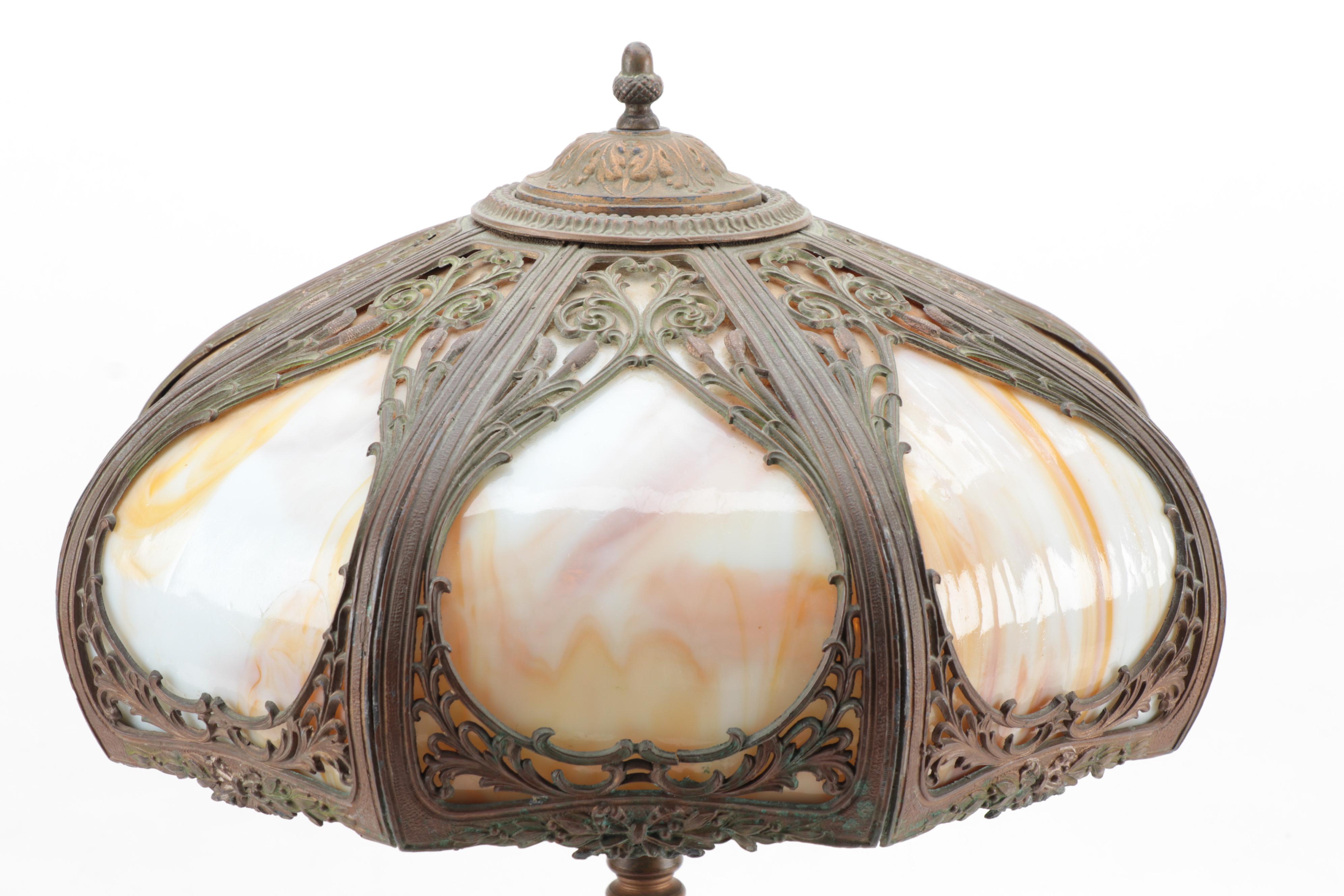 Miller Lamp Co. Art Nouveau Gilt Metal Lamp with Slag Glass Shade, Early 20th C.