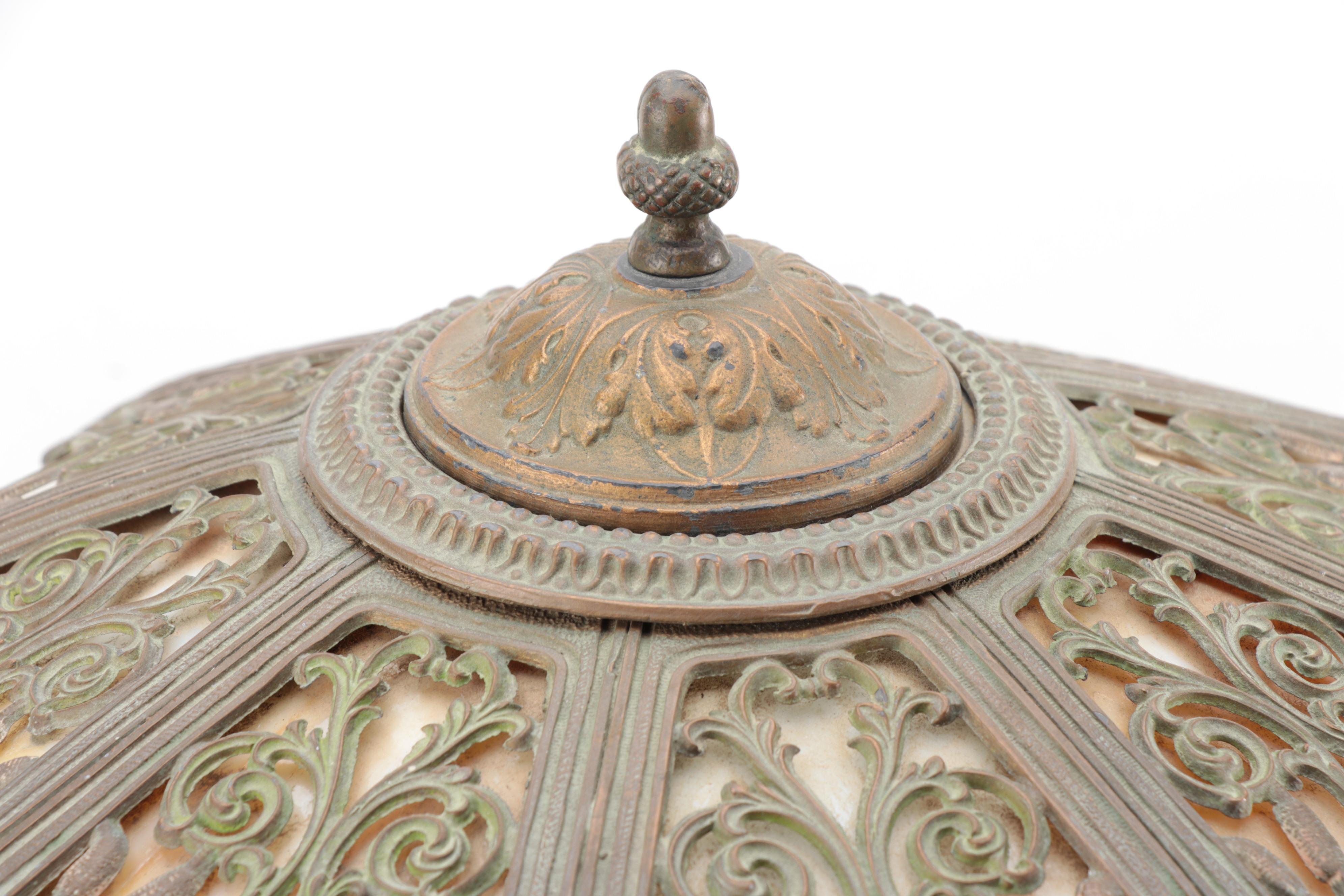 Miller Lamp Co. Art Nouveau Gilt Metal Lamp with Slag Glass Shade, Early 20th C.