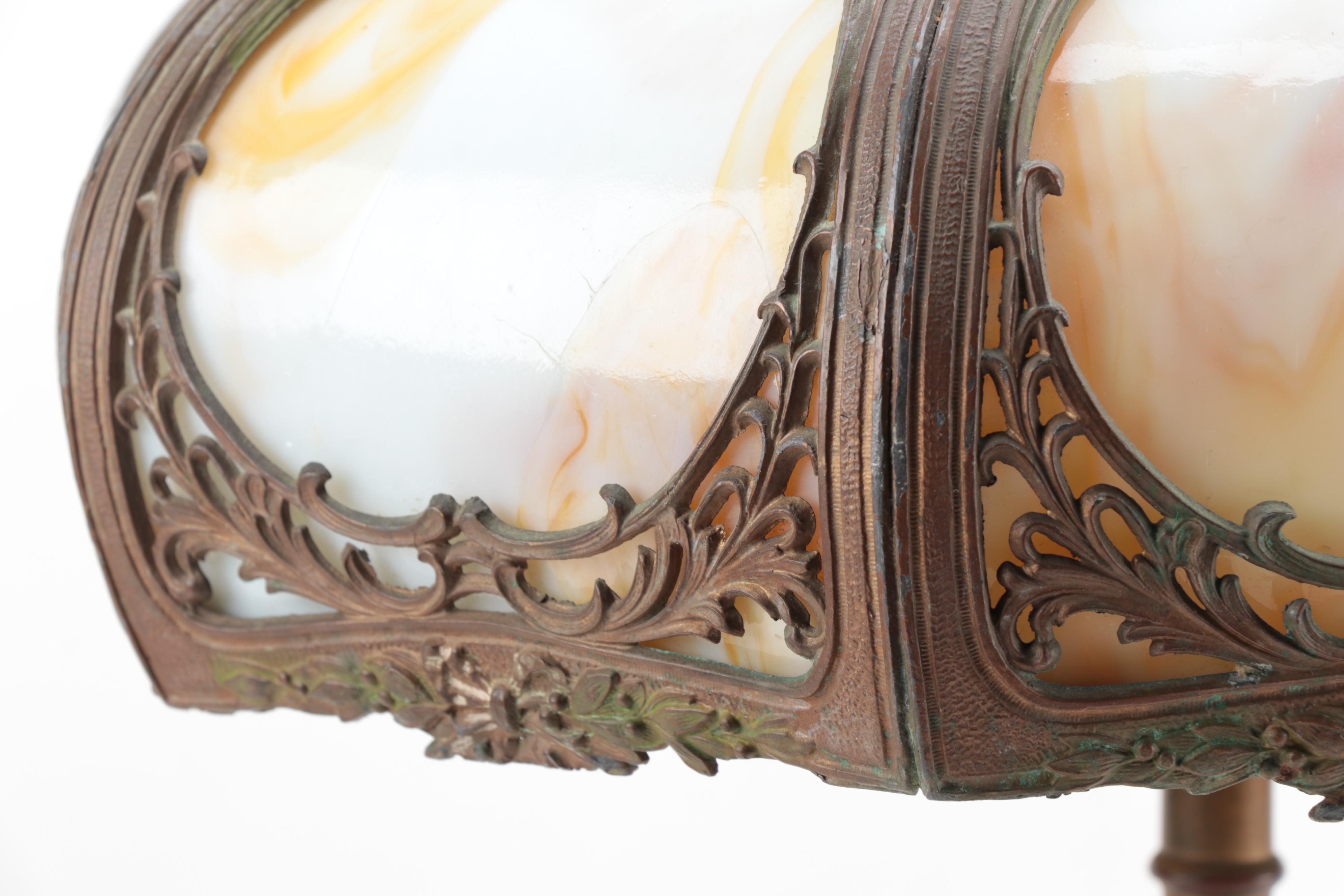 Miller Lamp Co. Art Nouveau Gilt Metal Lamp with Slag Glass Shade, Early 20th C.