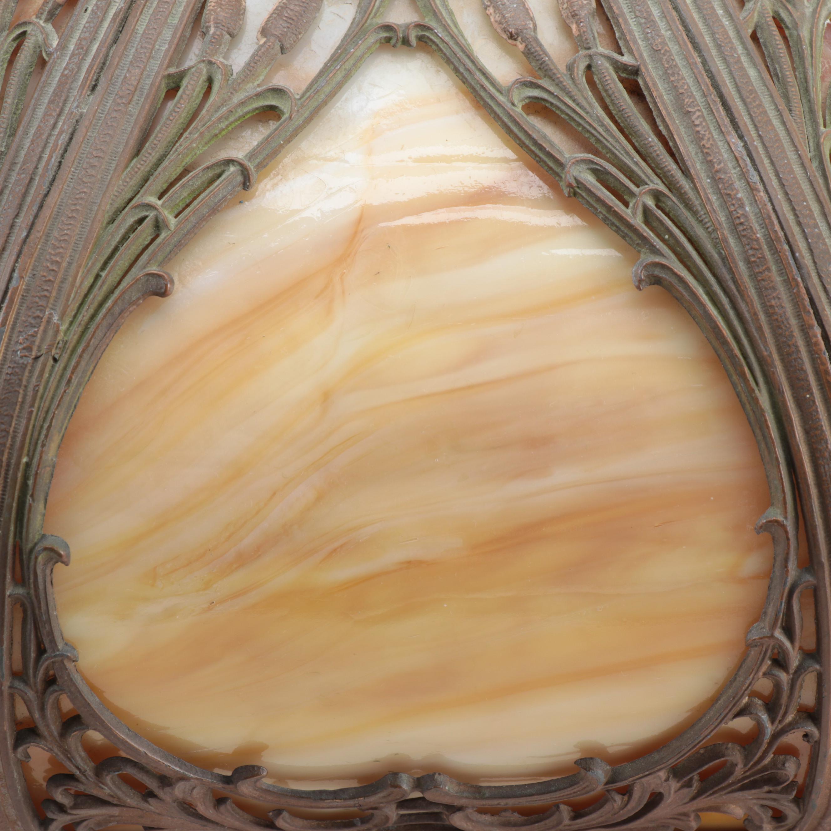 Miller Lamp Co. Art Nouveau Gilt Metal Lamp with Slag Glass Shade, Early 20th C.