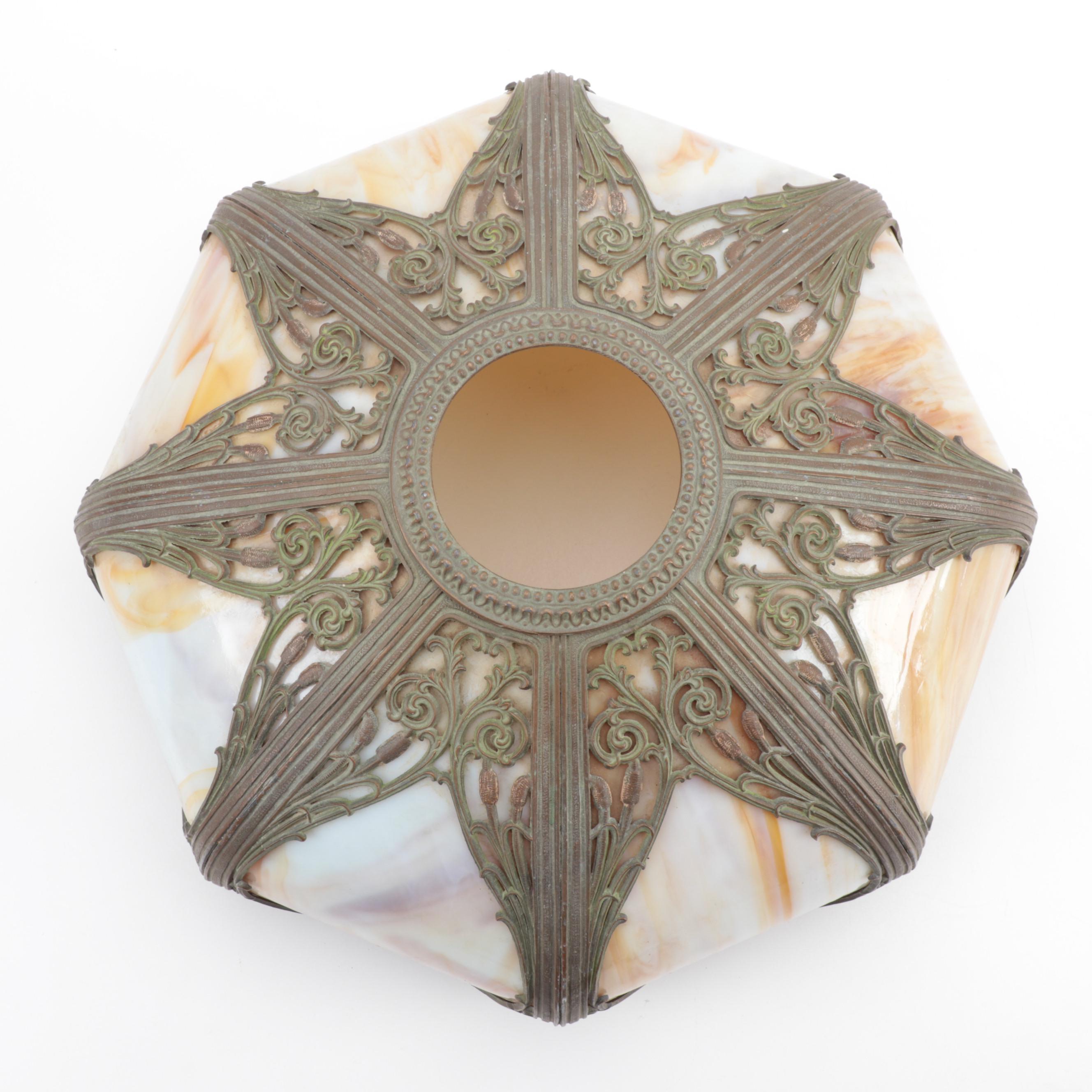 Miller Lamp Co. Art Nouveau Gilt Metal Lamp with Slag Glass Shade, Early 20th C.