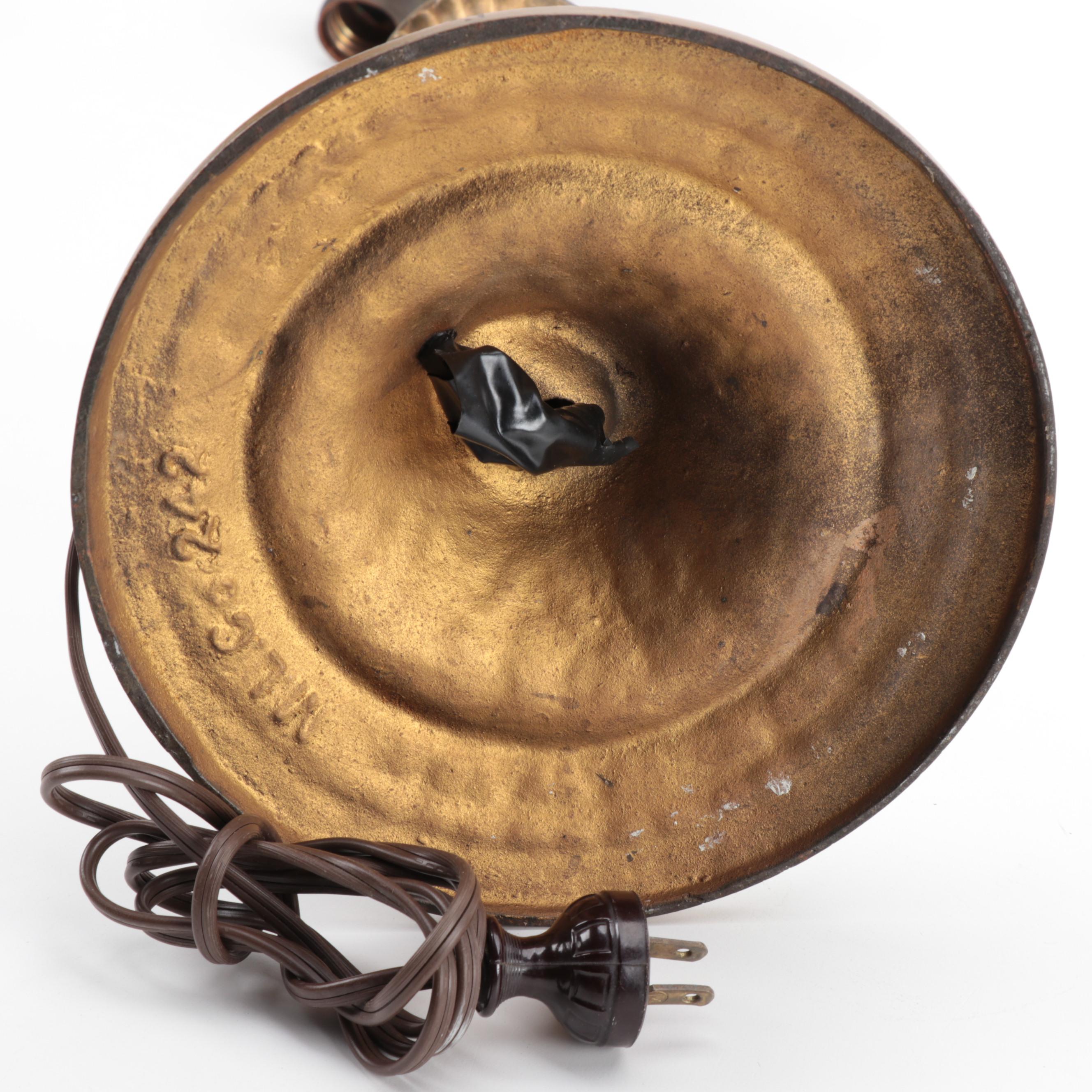 Miller Lamp Co. Art Nouveau Gilt Metal Lamp with Slag Glass Shade, Early 20th C.