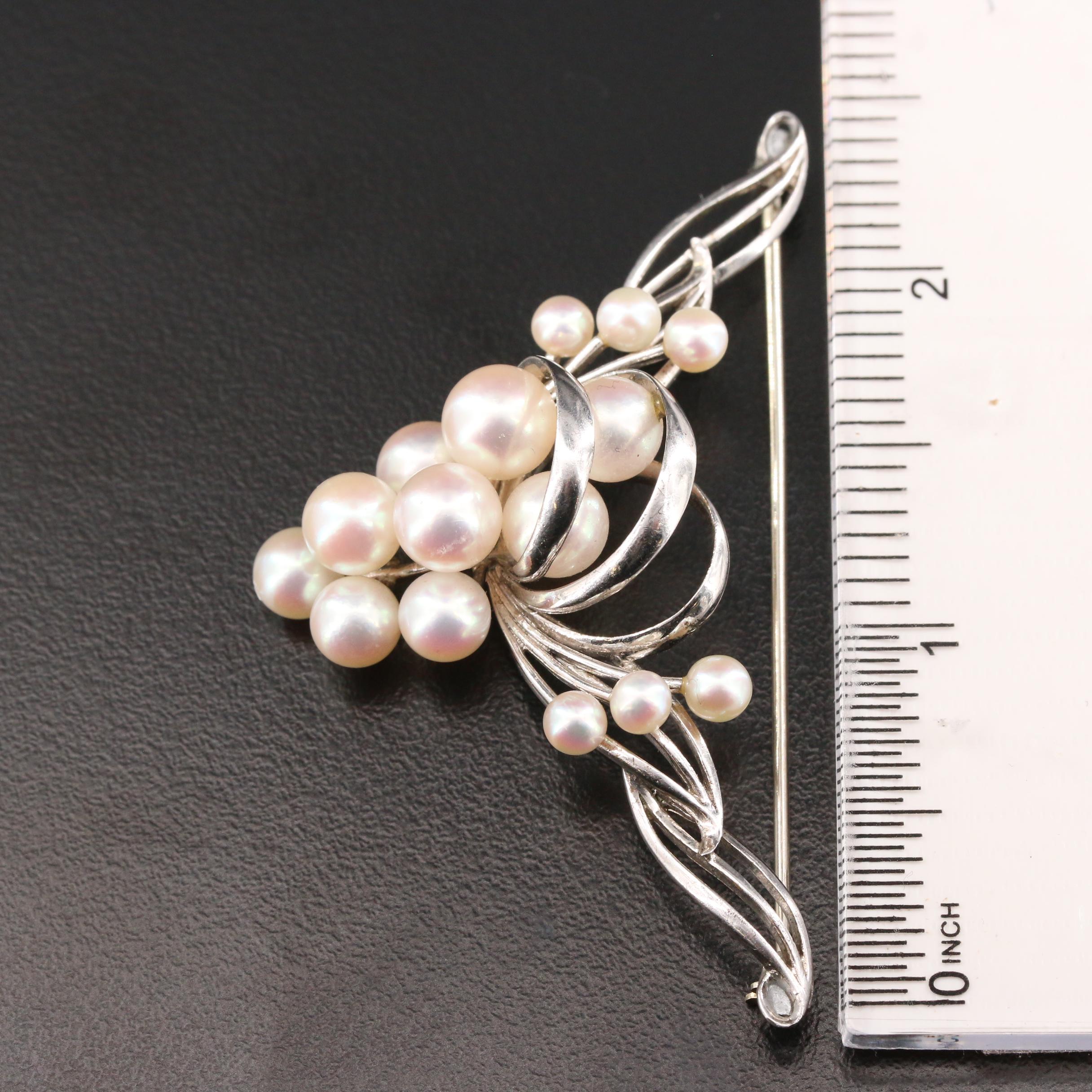 Vintage Mikimoto Sterling Silver Cultured Pearl Brooch