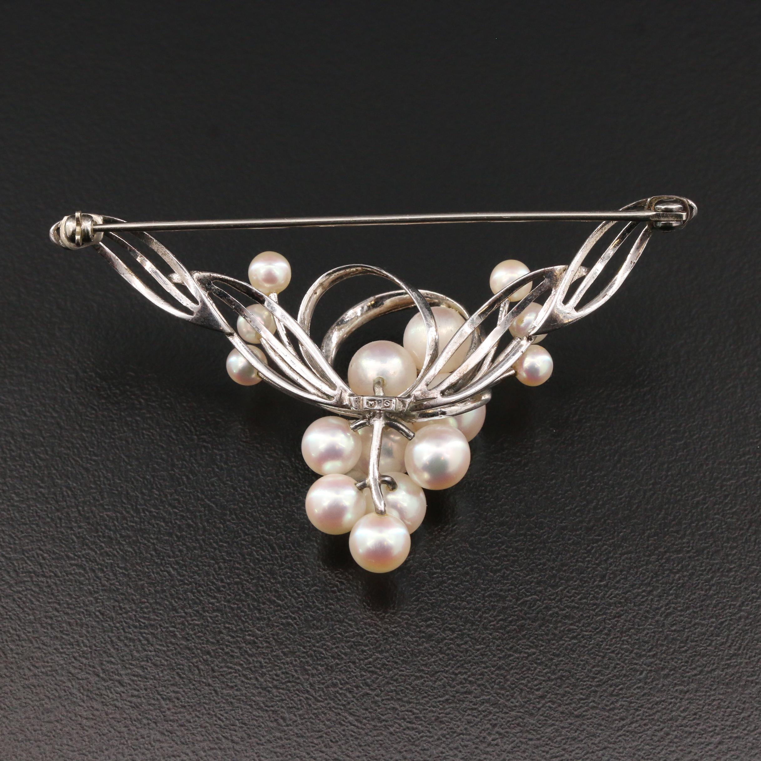 Vintage Mikimoto Sterling Silver Cultured Pearl Brooch