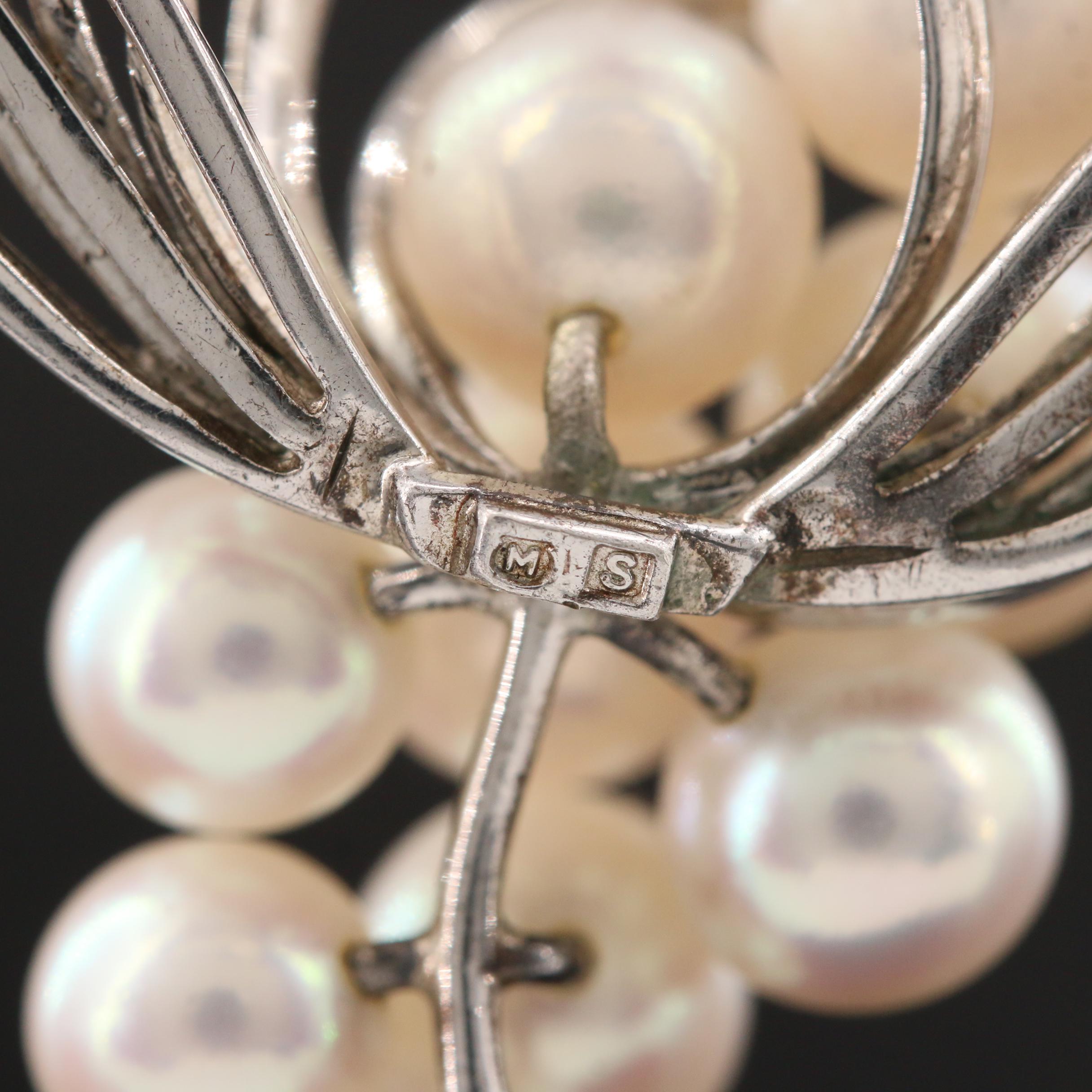 Vintage Mikimoto Sterling Silver Cultured Pearl Brooch