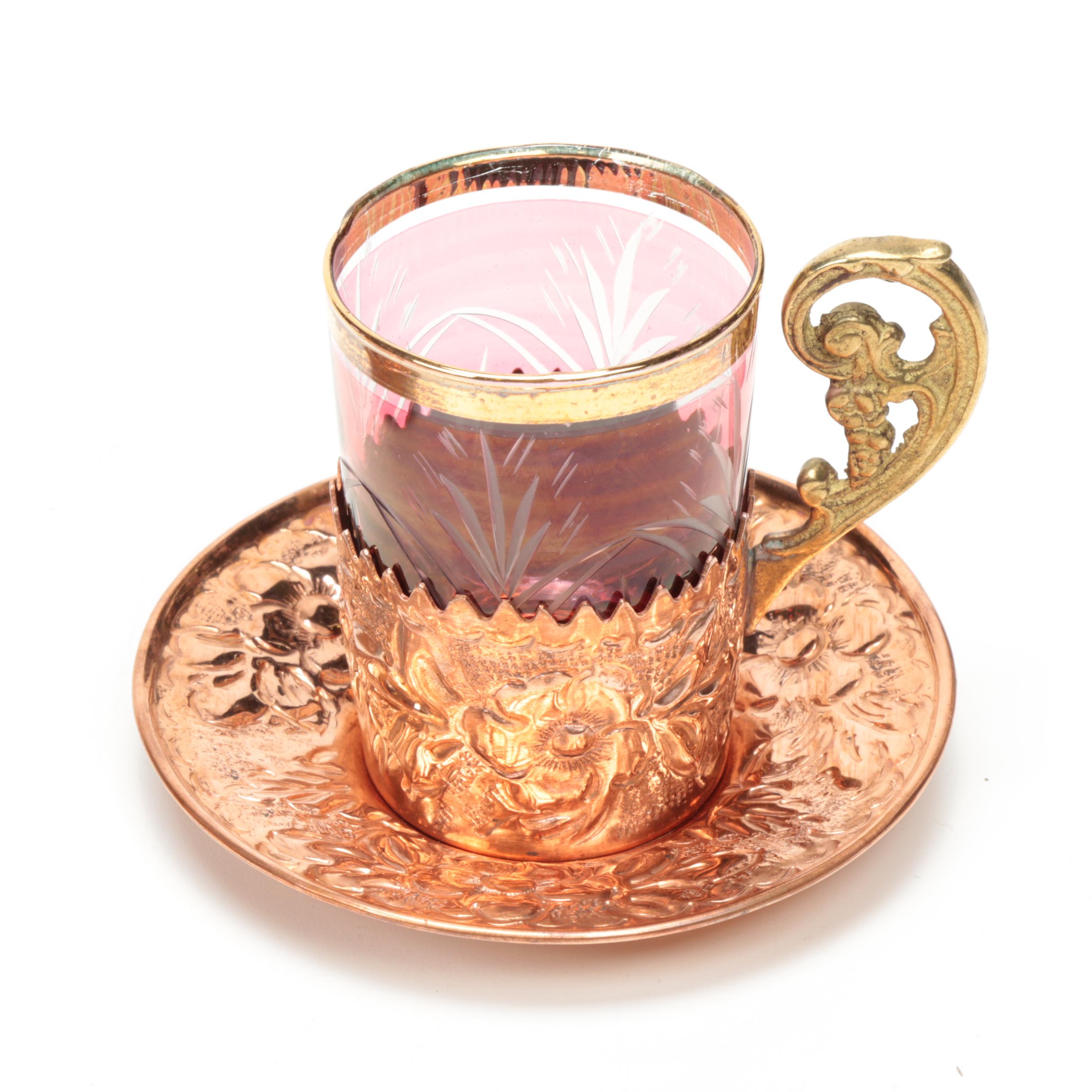 Cut to Clear Dipped Glass, Copper, and Brass Turkish Tea Set, Mid-20th Century