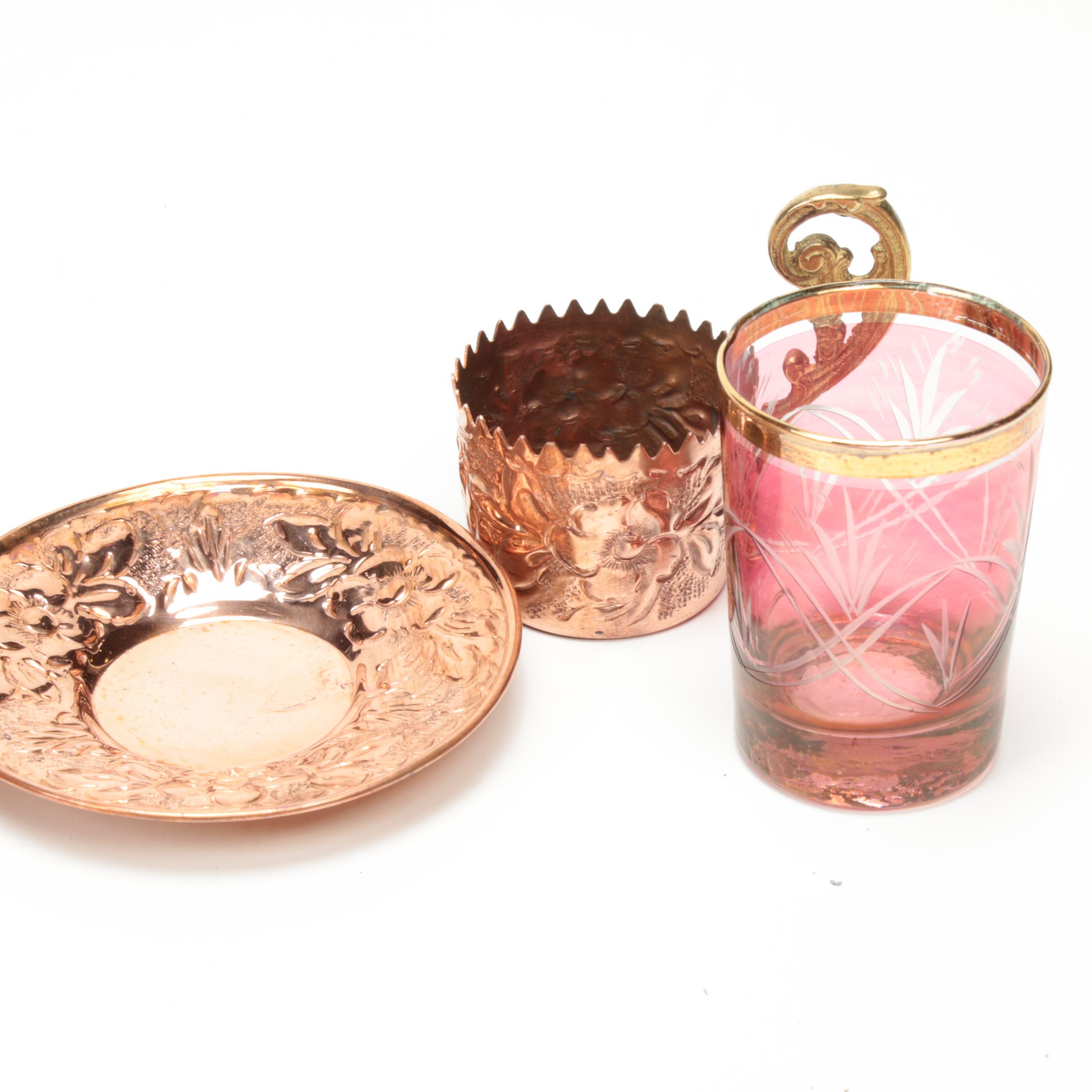 Cut to Clear Dipped Glass, Copper, and Brass Turkish Tea Set, Mid-20th Century