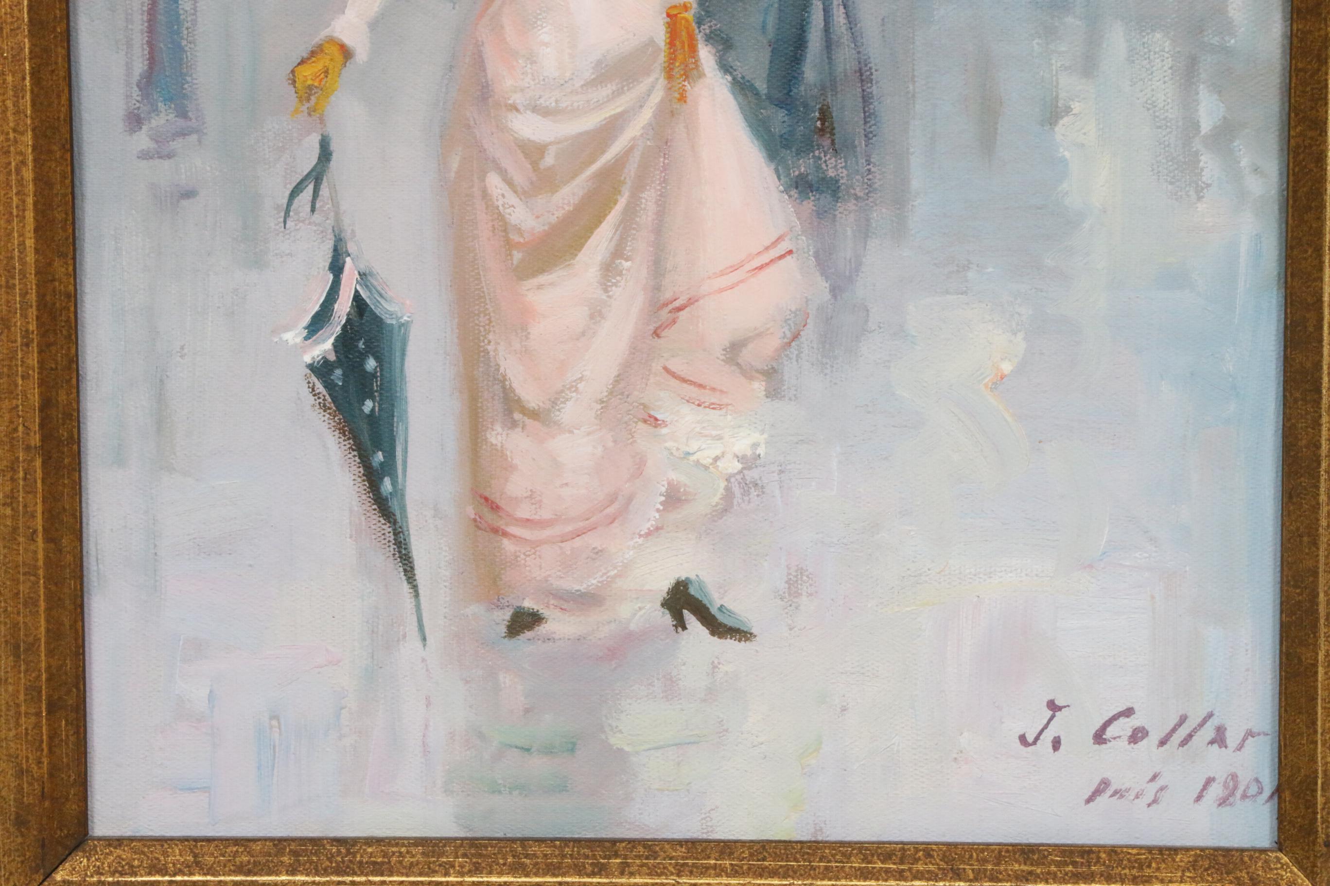 J. Collar Impressionist Style Parisian Woman Oil Painting, Late 20th Century