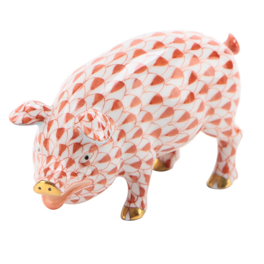 Herend Rust Fishnet with Gold "Pig" Porcelain Figurine