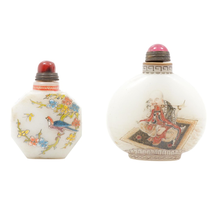 Chinese Hand-Painted Porcelain Snuff Bottles with Stone Stoppers