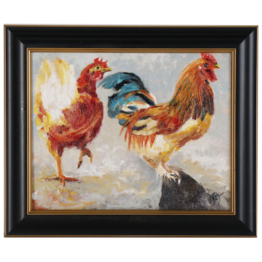 Yary Dluhos Oil Painting "Hen and the Rooster"