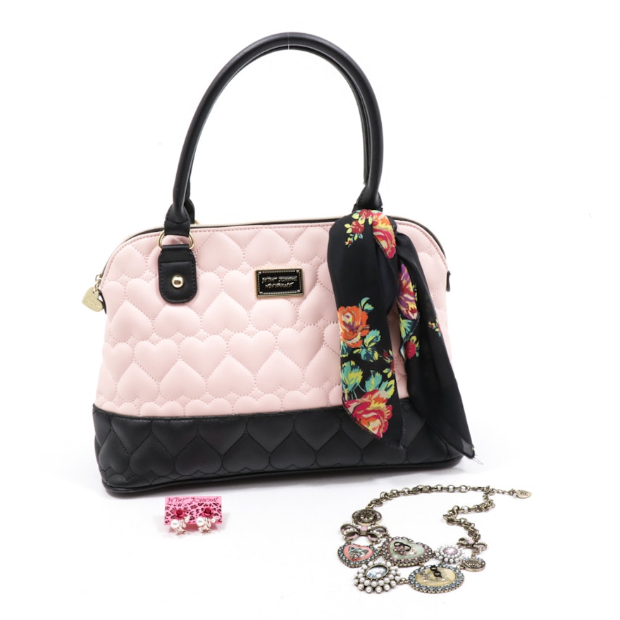 Betsey Johnson Quilted Heart Bowler Bag, Earrings and Critter Cameo Necklace